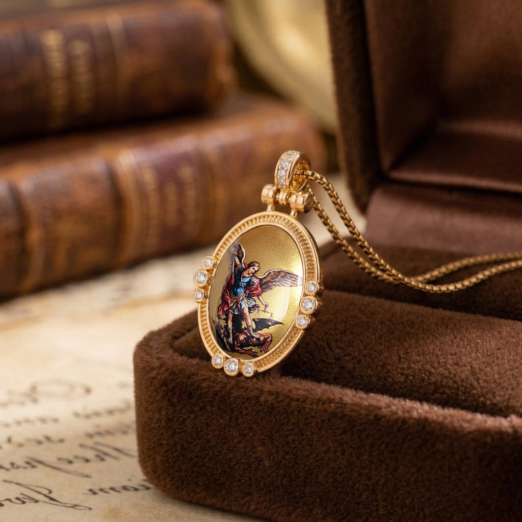 GIVELUCK 18k Plated Gold Pendant Necklace Enamel Eternal Halo St. Archangel Michael Protection Necklace for Women and Men