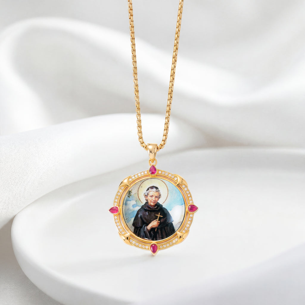GIVELUCK 18k Plated Gold Enamel Pendant Ruby Protection Necklace Saint Peregrine Necklace for Men and Women