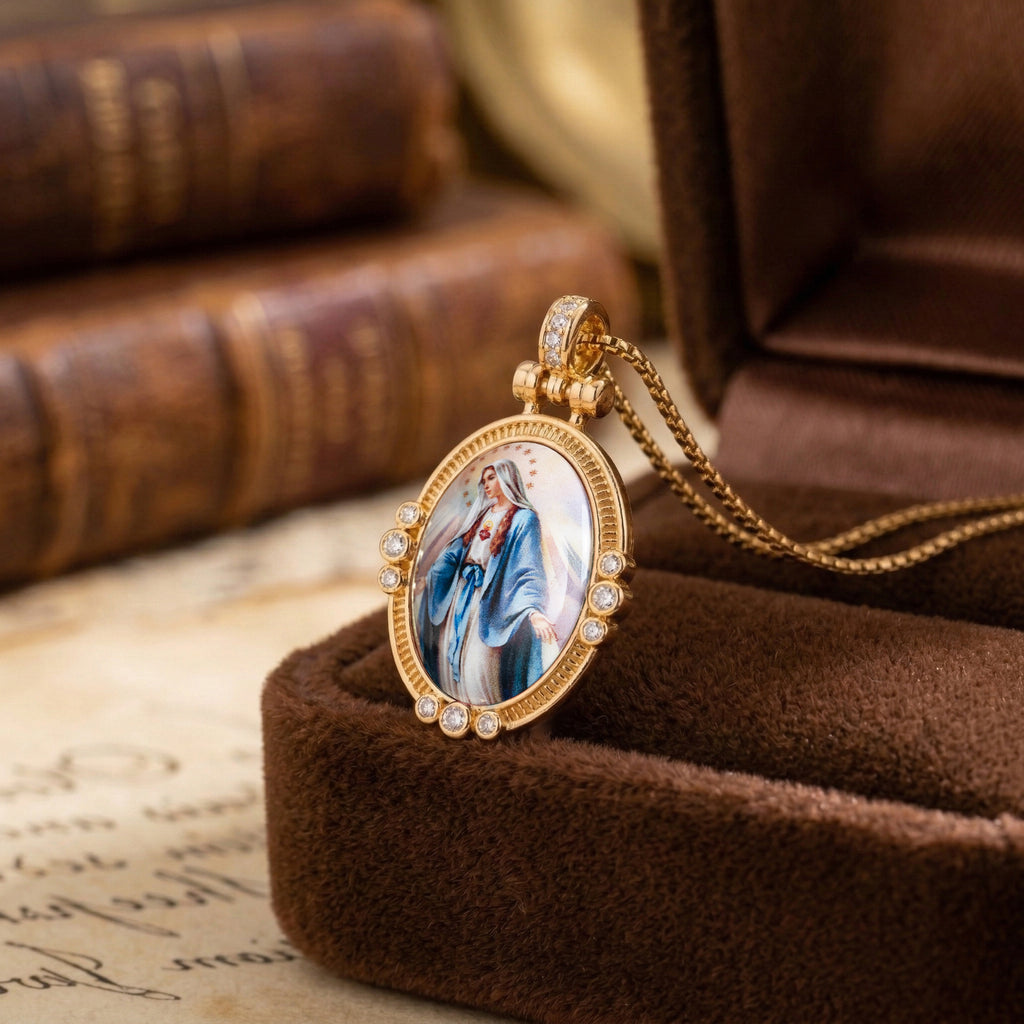 GIVELUCK 18k Plated Gold Pendant Necklace Enamel Eternal Halo Miraculous Medal for Women and Men