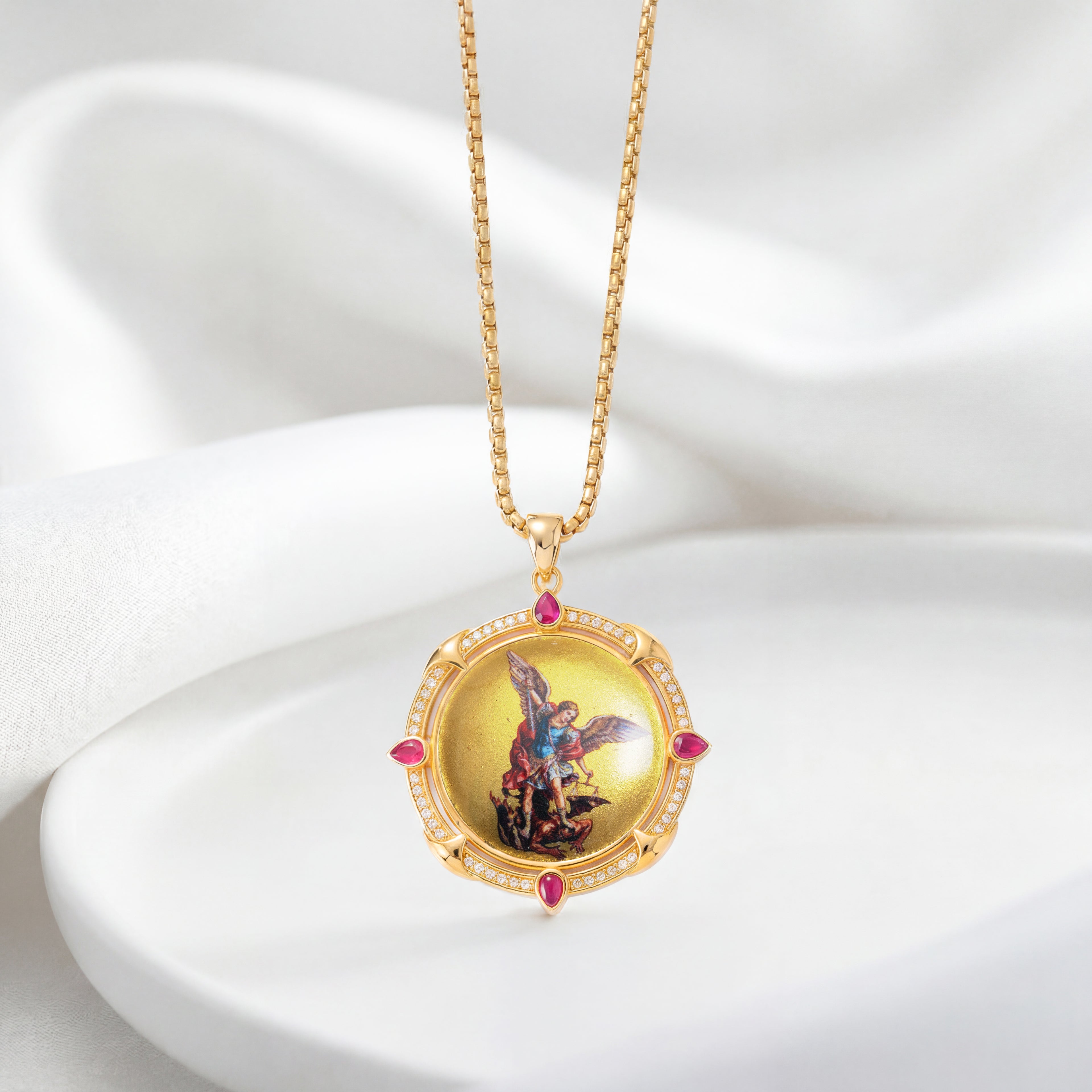 GIVELUCK 18k Plated Gold Enamel Pendant Necklace Catholic Medal Saint  Archangel Michael Necklace for Men and Women