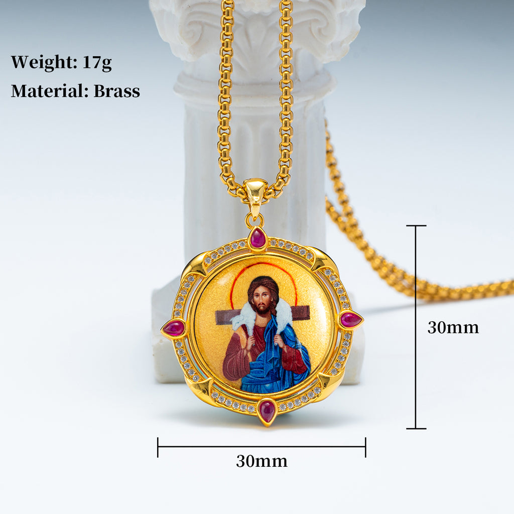 GIVELUCK 18k Plated Gold Pendant Necklace Enamel the Good Shepherd Jesus Christ Ruby Devotional Medal for Men and Women