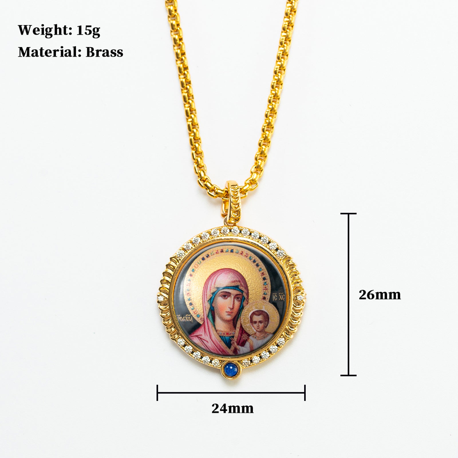 18k Plated Gold Pendant Necklace Enamel Catholic Our Lady of Kazan Virgin Mary Miraculous Medal for Women and Men