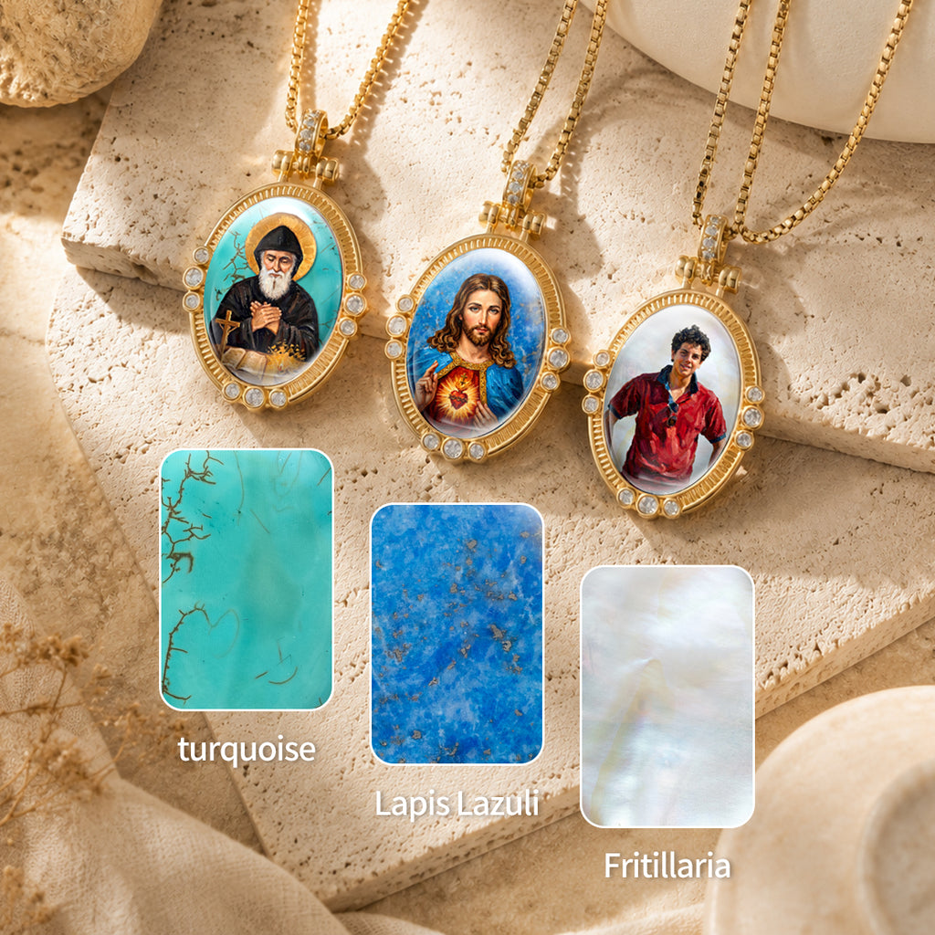 GIVELUCK St. Carlo Acutis Necklace for Men & Women, 18K Gold Plated Mother of Pearl St. Carlo Acutis Pendant with Zircon, Catholic Protection Jewelry Gift