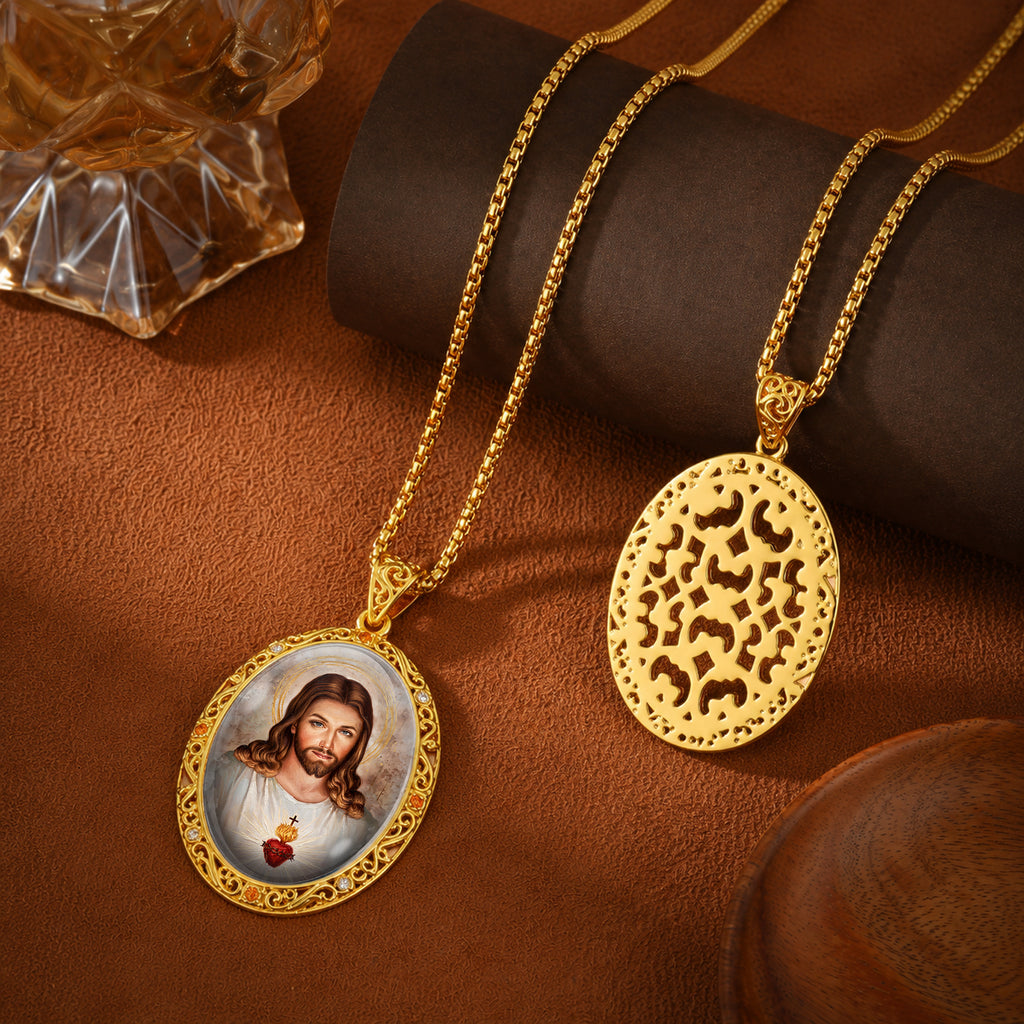 18K Gold Plated Sacred Heart Jesus Pendant Necklace, Enamel Catholic Jewelry with Zircon Accents