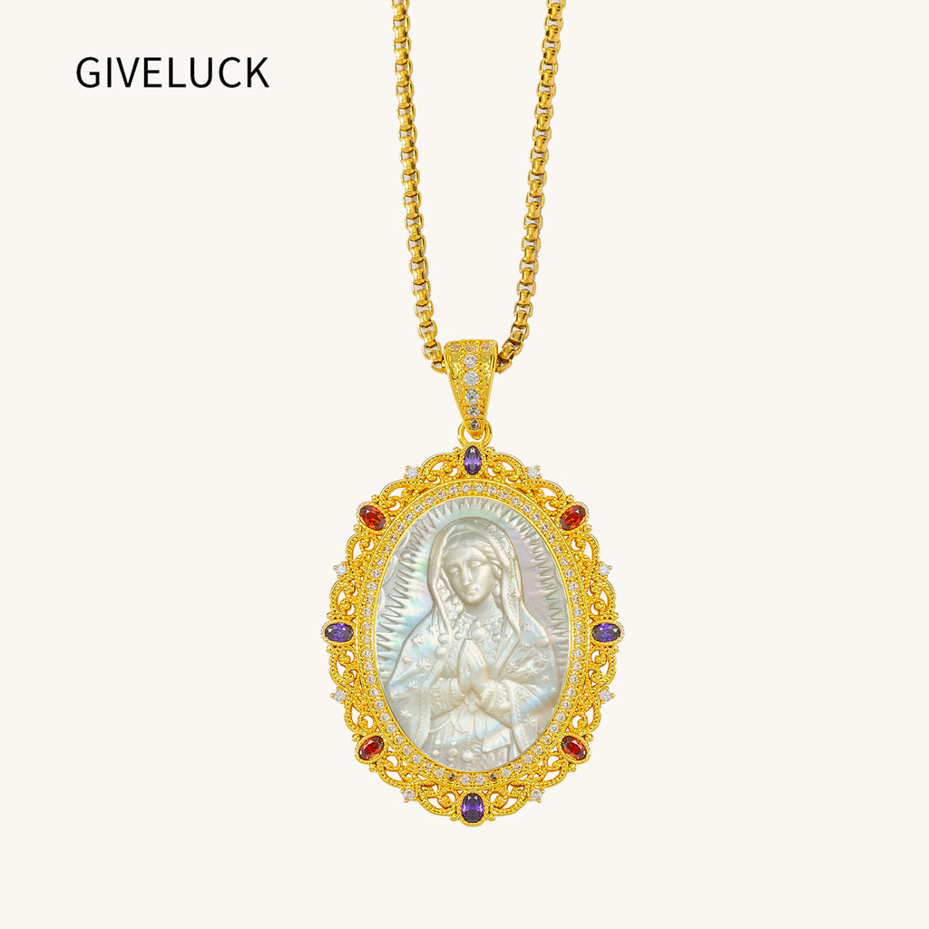 Our Lady of Guadalupe Mother of Pearl Cameo, 18K Gold Plated Virgin Mary Pendant