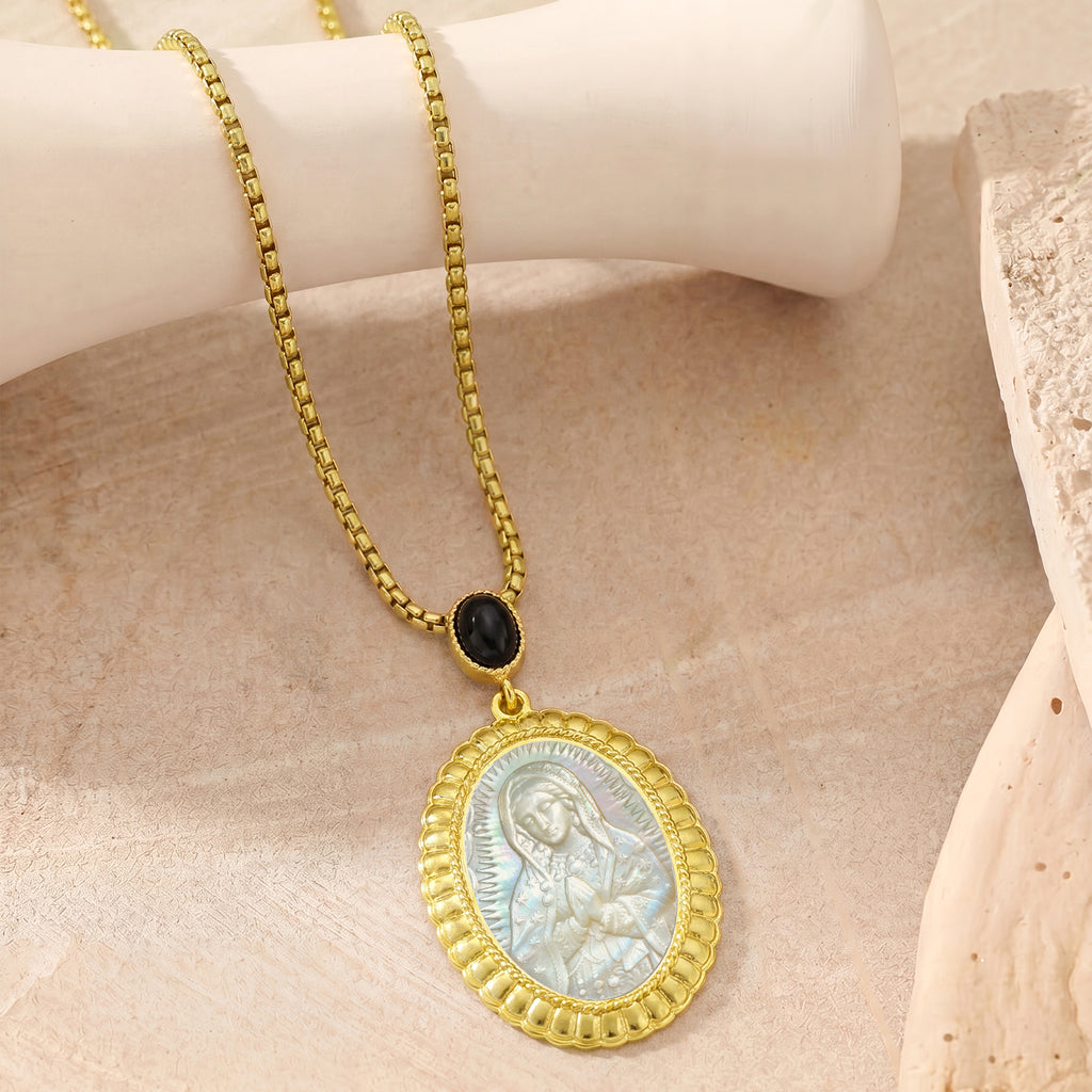 Our Lady of Guadalupe Mother of Pearl Cameo, 18K Gold Plated Virgin Mary Pendant