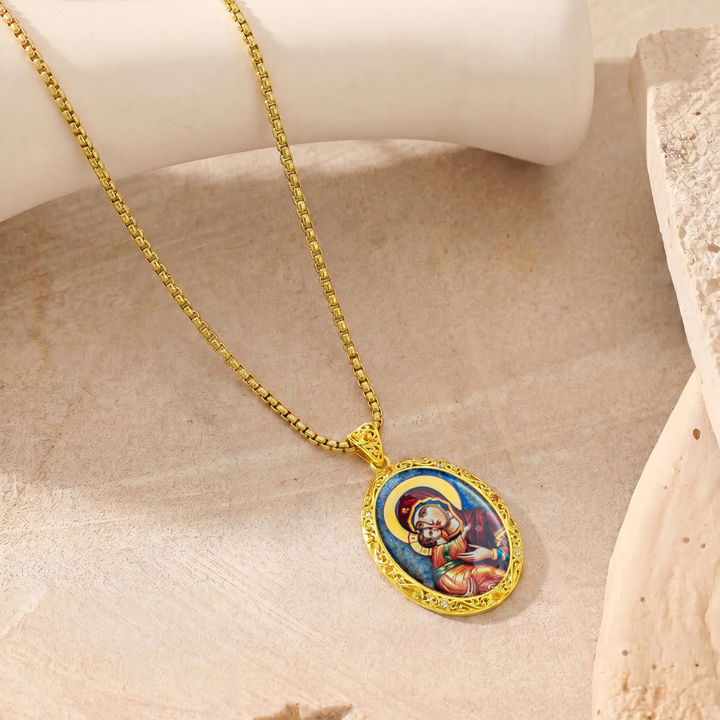 Hand-Painted Virgin Mary Icon Necklace, Mother of Pearl, Lapis Lazuli, Orthodox Christian Gift