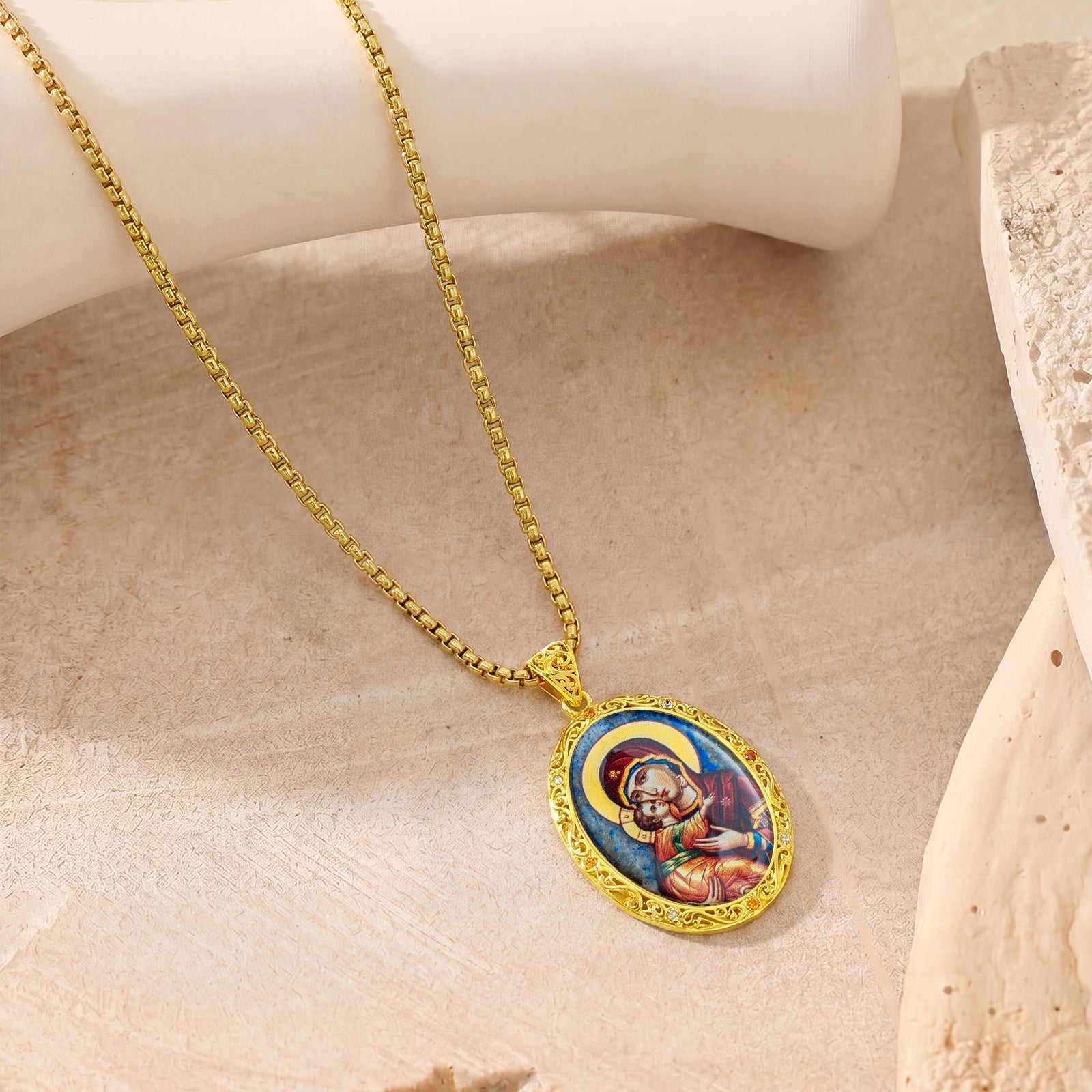 Hand-Painted Virgin Mary Icon Necklace, Mother of Pearl, Lapis Lazuli, Orthodox Christian Gift