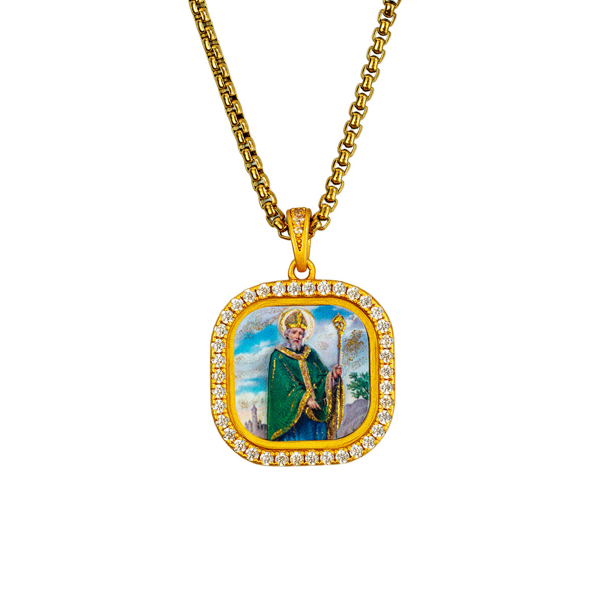 GIVELUCK 18k Plated Gold Zircon Pendant Necklace Cameo Embossing Saint Patrick Devotional Medal for Men and Women