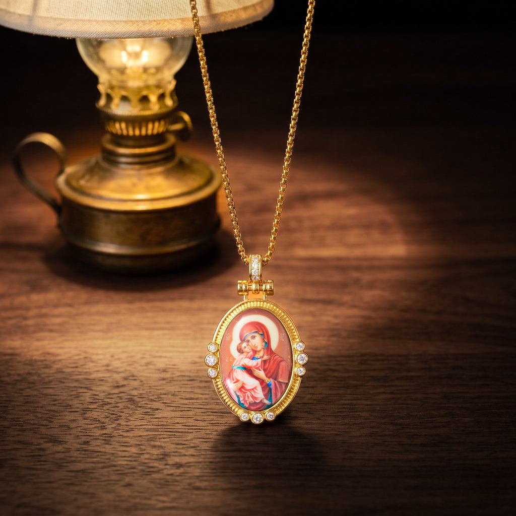 GIVELUCK 18k Plated Gold Pendant Necklace Enamel Eternal Halo Virgin Mary Miraculous Medal for Women and Men