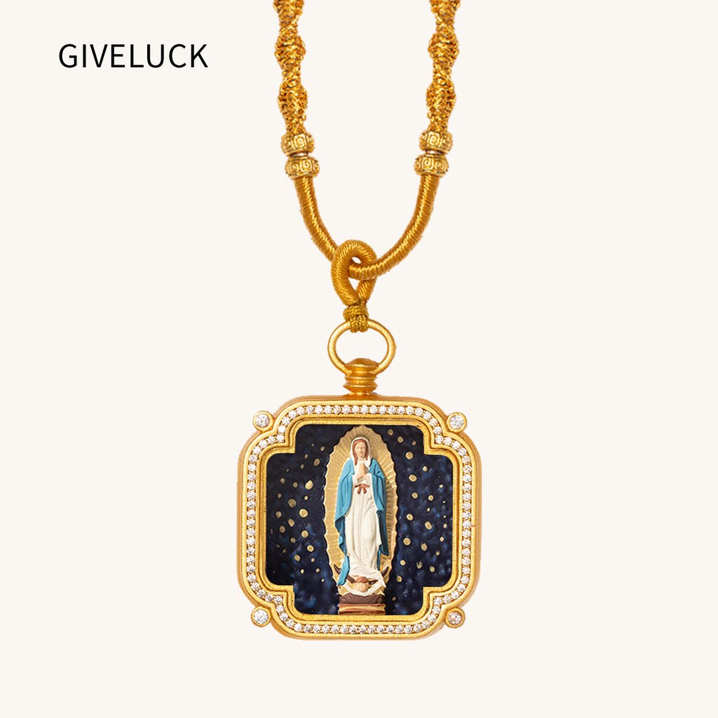 18k Plated Gold Zircon Pendant Necklace Cameo Embossing Catholic Medal our lady of guadalupe Protection Medal for Men and Women