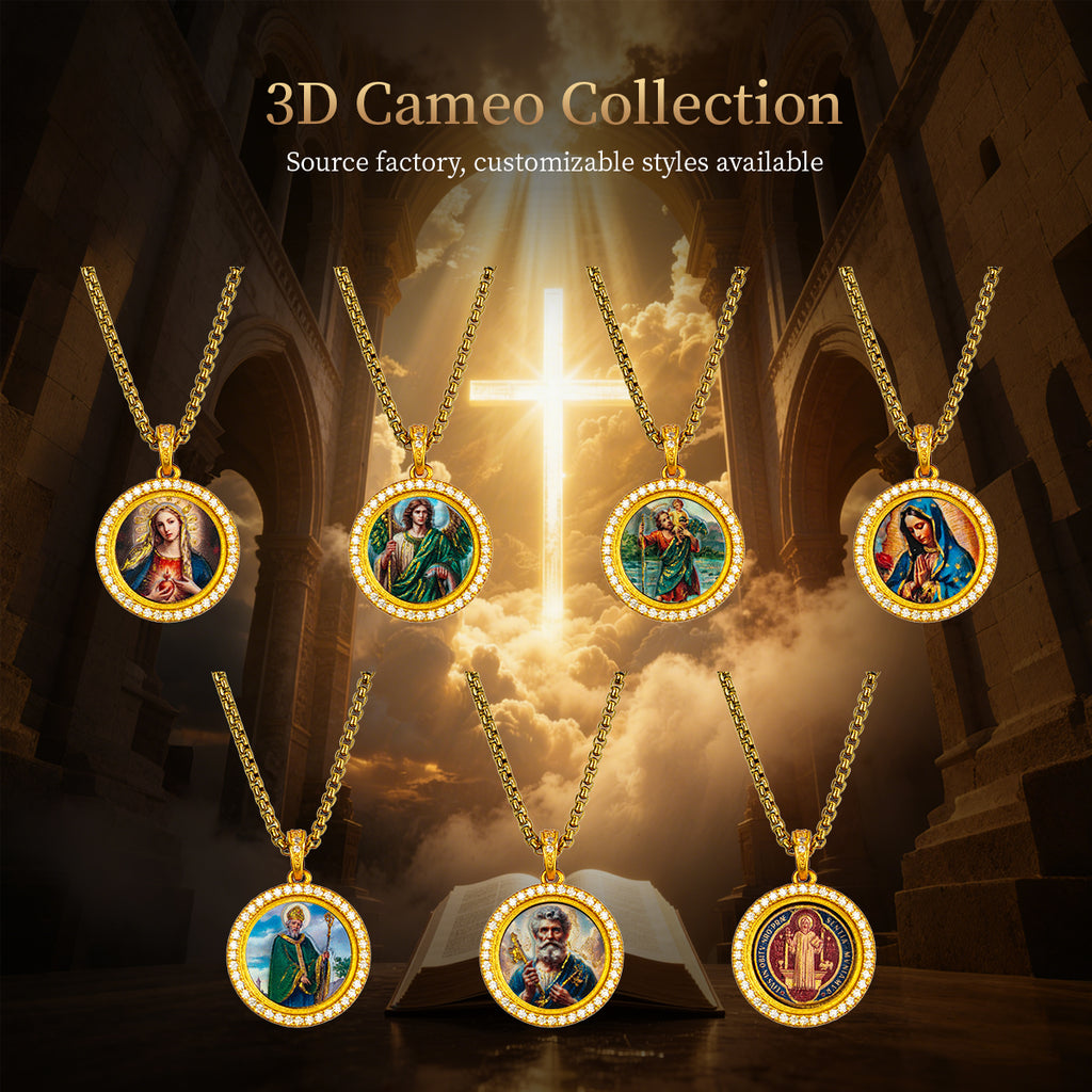 GIVELUCK 18k Plated Gold Zircon Pendant Catholic Our Lady of Guadalupe Devotional Medal Cameo Embossing Pendant Necklace for Women and Men