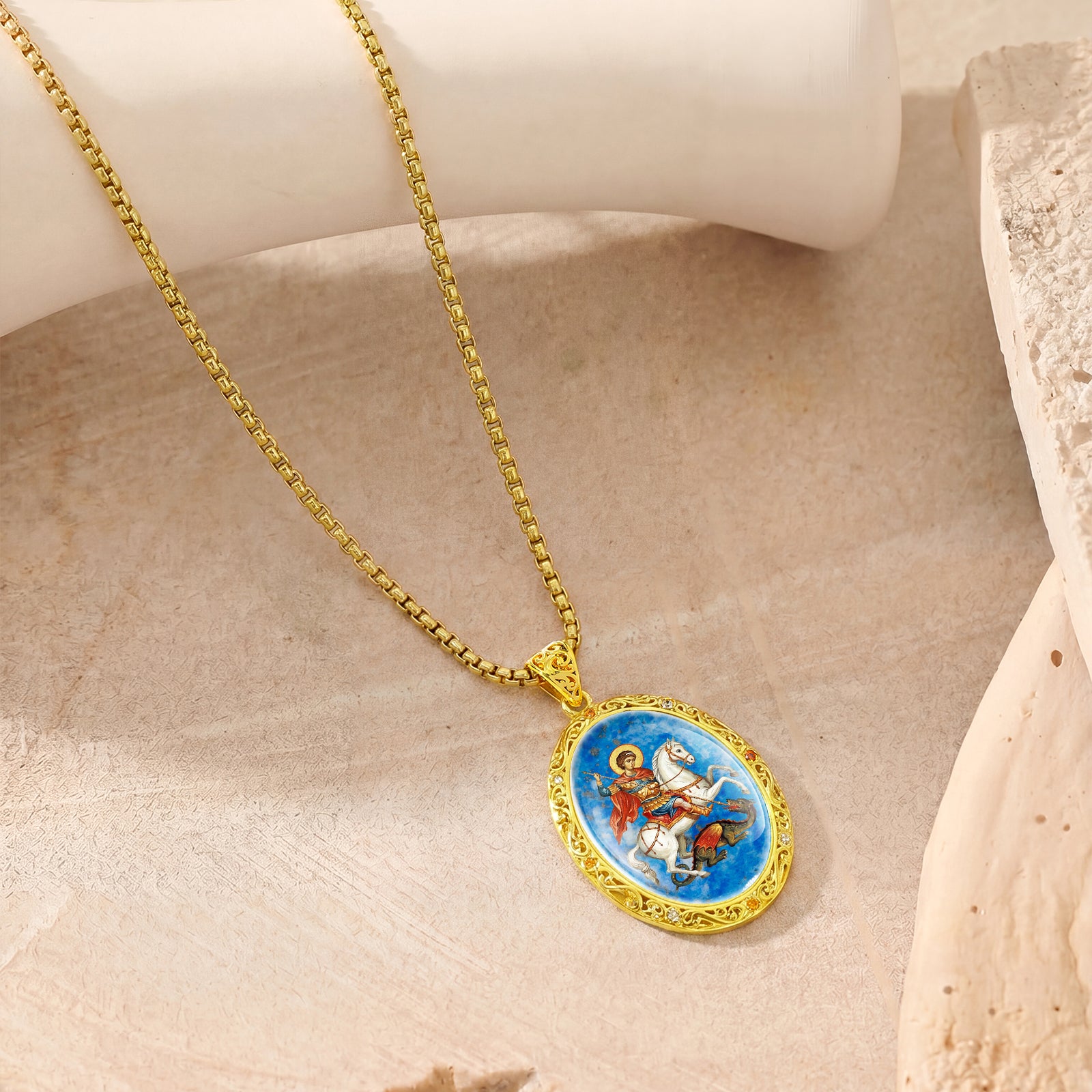 Saint George Medal Pendant, 18K Gold Plated Lapis Lazuli Catholic Jewelry