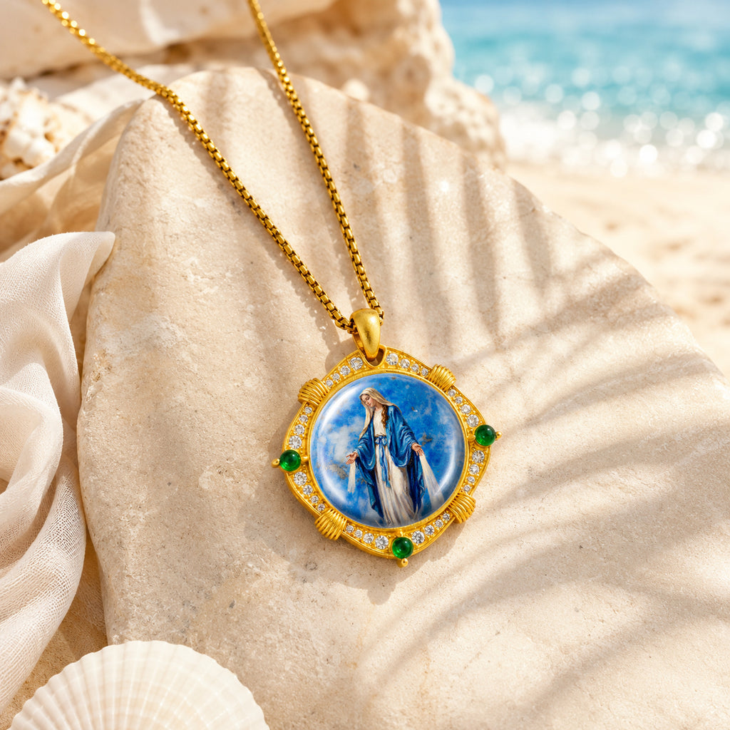 Miraculous Medal Necklace, Lapis Lazuli Pendant, 18K Gold Plated Catholic Jewelry (Round or Oval)