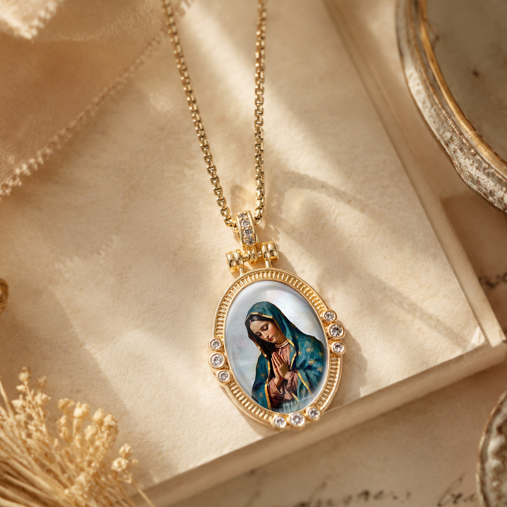 GIVELUCK Our Lady of Guadalupe Virgin Mary Miraculous Medal Necklace for Men & Women, 18K Gold Plated Mother of Pearl Saint Christopher Pendant with Zircon, Catholic Protection Jewelry Gift