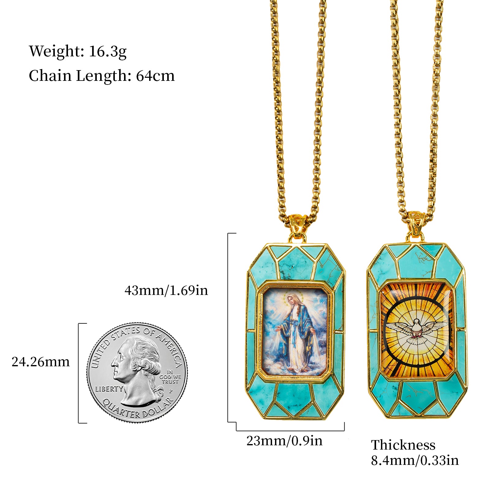 Miraculous Medal Necklace, Hand-Painted Virgin Mary Pendant, 18K Gold Plated, Turquoise Inlay