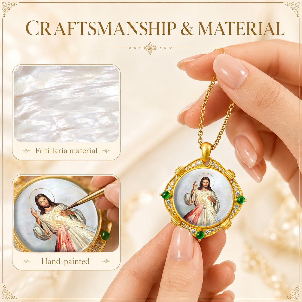 GIVELUCK Divine Mercy Jesus Christ Necklace for Men & Women, 18K Gold Plated Mother of Pearl Divine Mercy Jesus Christ Pendant with Zircon, Catholic Protection Jewelry Gift