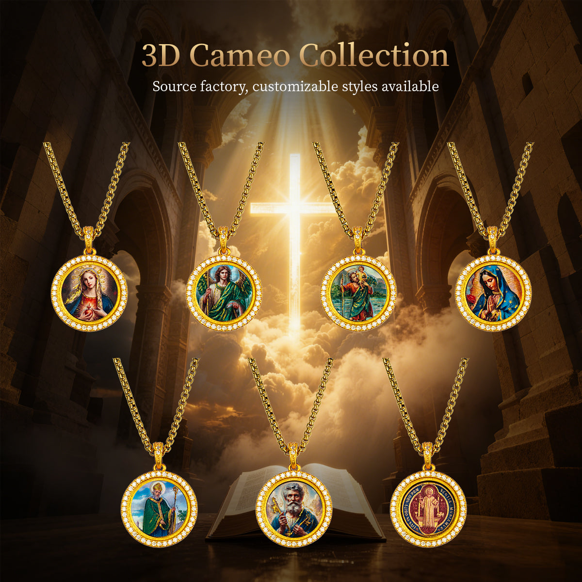 GIVELUCK 18k Plated Gold Zircon Pendant Catholic St. Benedict Devotional Medal Cameo Embossing Pendant Necklace