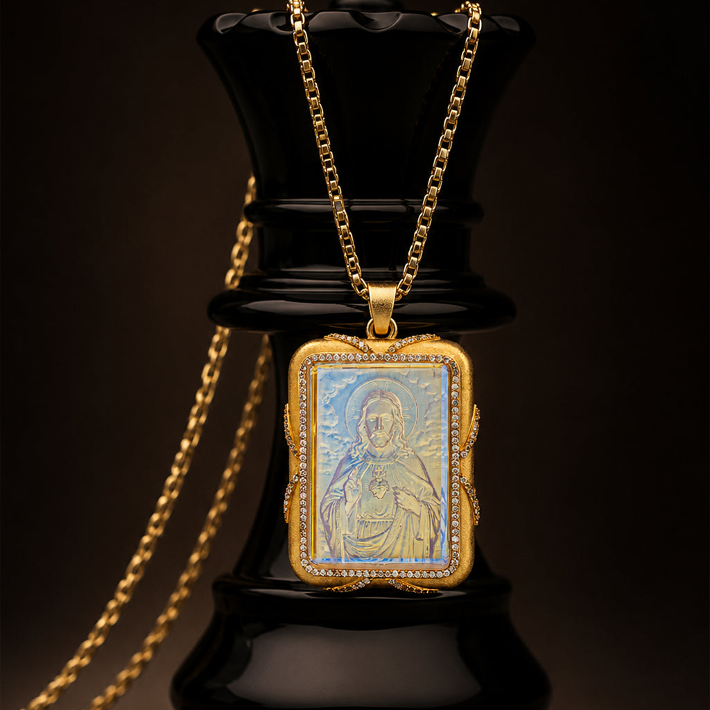Sacred Heart Jesus Necklace, 18K Gold Plated Intaglio Carved Pendant, Catholic Religious Jewelry
