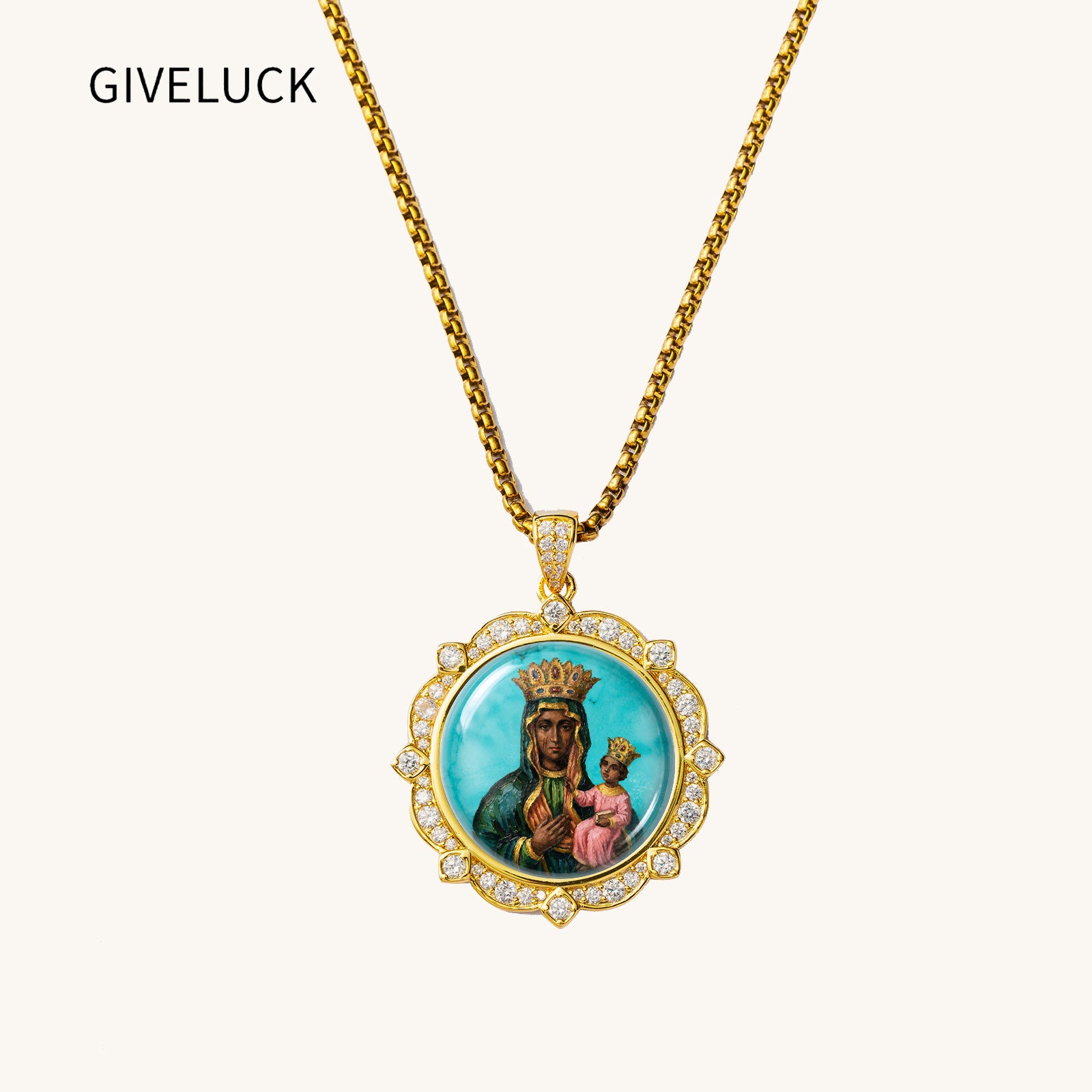 GIVELUCK Black Madonna Necklace for Men & Women, 18K Gold Plated Turquoise Black Madonna Pendant with Zircon, Catholic Protection Jewelry Gift