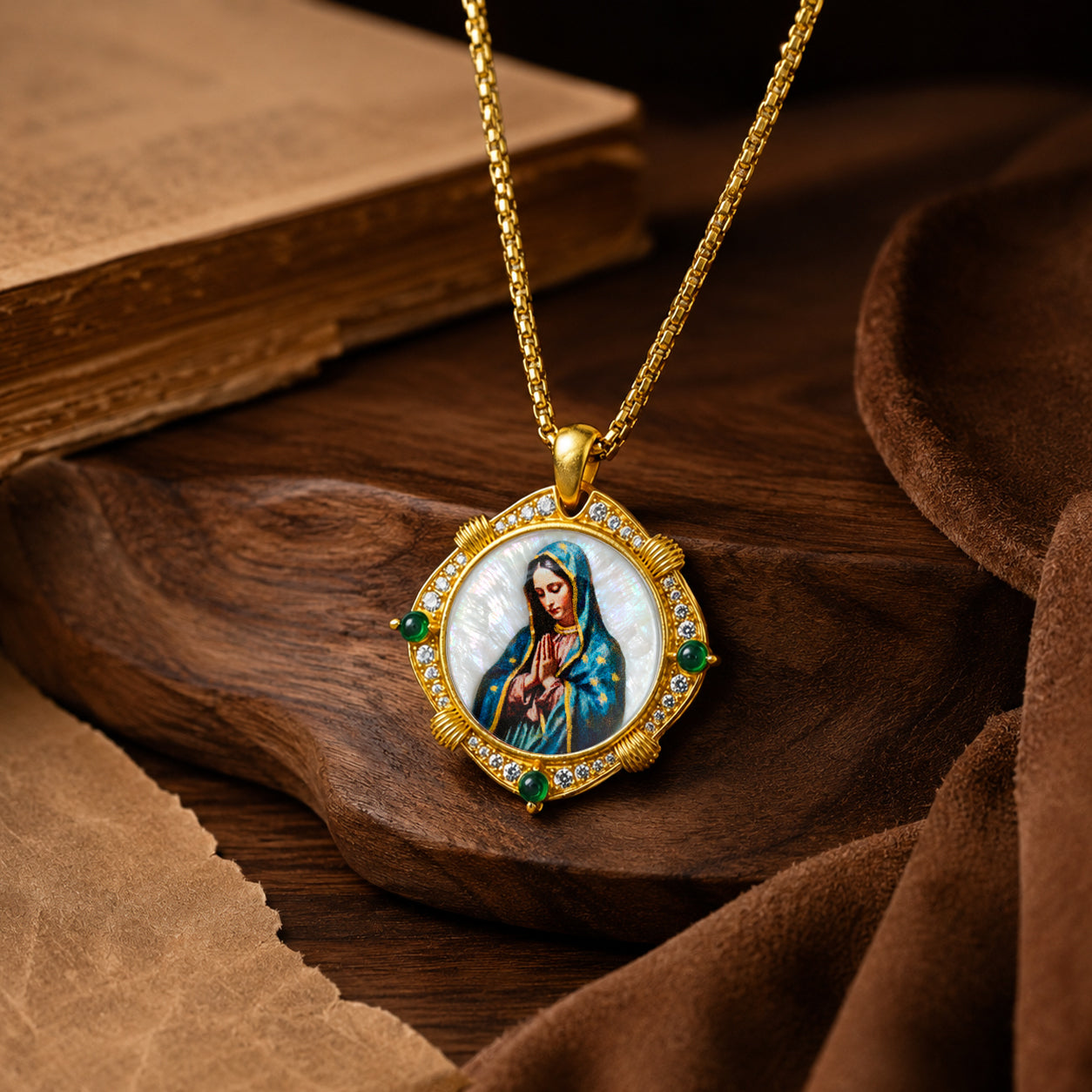 GIVELUCK Our Lady of Guadalupe Virgin Mary Miraculous Medal Necklace for Men & Women, 18K Gold Plated Mother of Pearl Saint Christopher Pendant with Zircon, Catholic Protection Jewelry Gift