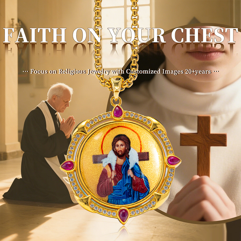 GIVELUCK 18k Plated Gold Pendant Necklace Enamel the Good Shepherd Jesus Christ Ruby Devotional Medal for Men and Women