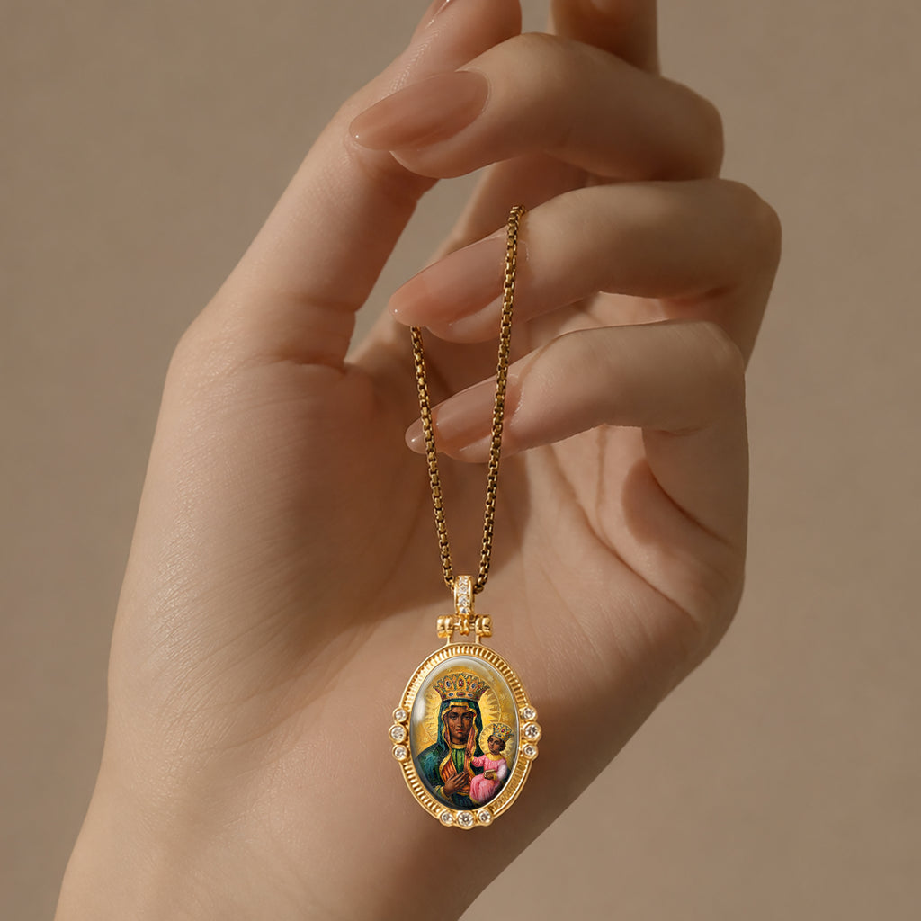Black Madonna Enamel Pendant Necklace, 18K Gold Plated Virgin Mary Religious Jewelry