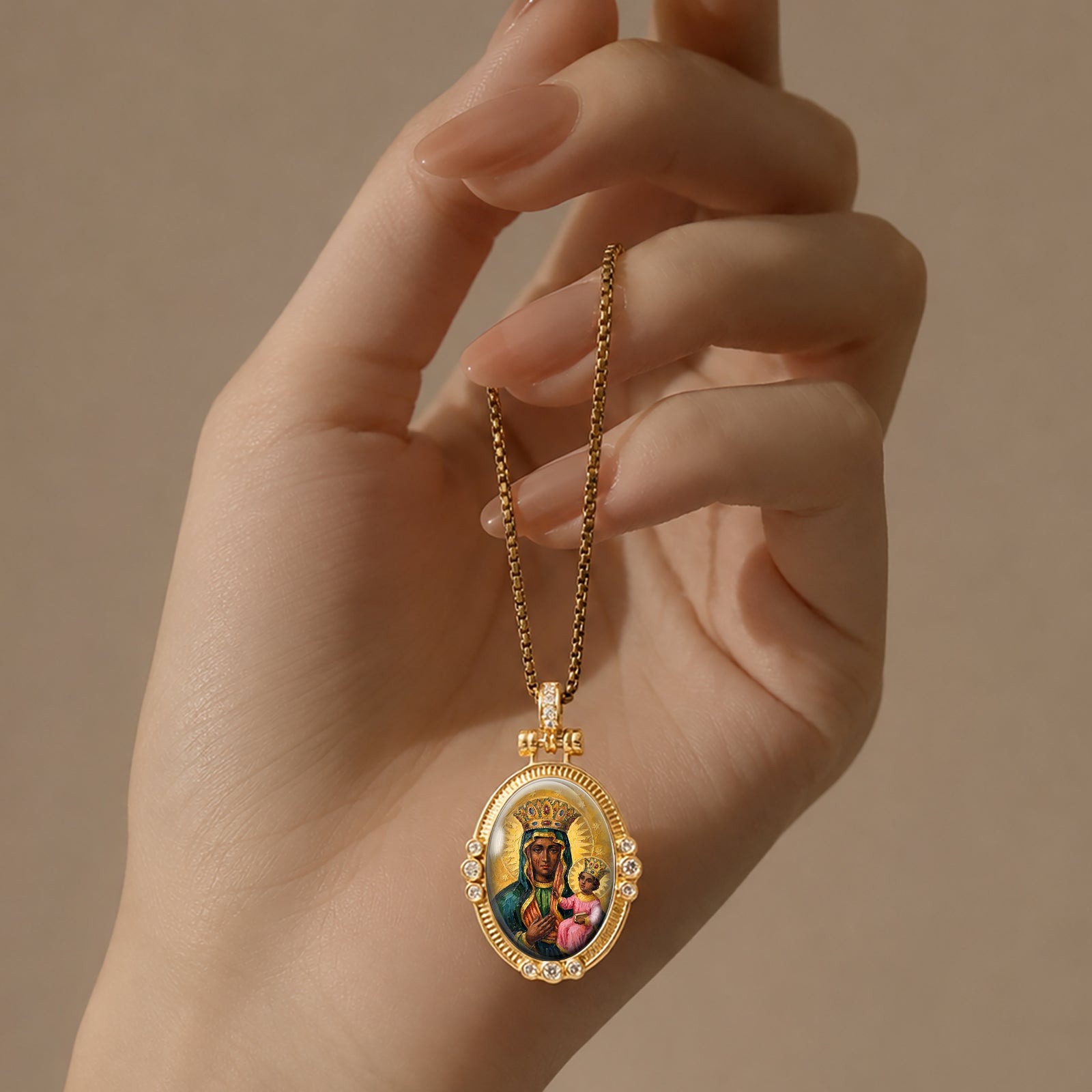 Black Madonna Enamel Pendant Necklace, 18K Gold Plated Virgin Mary Religious Jewelry