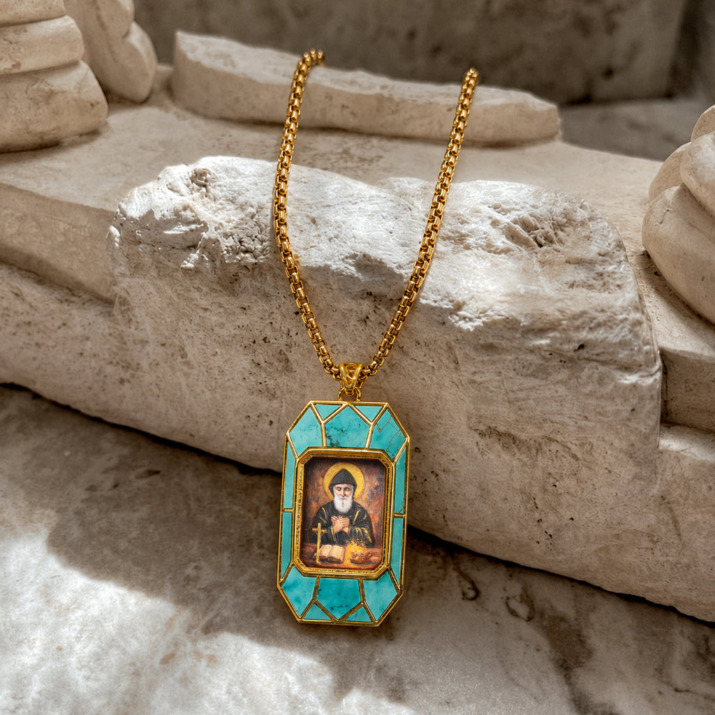 Saint Charbel Necklace, Hand-Painted Icon Pendant, 18K Gold Plated, Turquoise or Mother of Pearl
