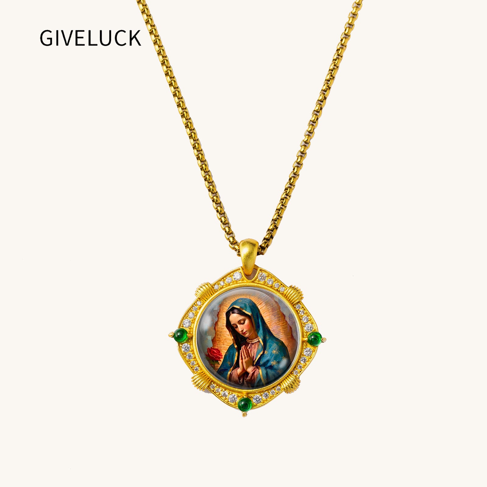 GIVELUCK 18K Gold Plated Our Lady of Guadalupe Necklace for Women, Authentic Vitreous Enamel Virgin Mary Pendant, Catholic Protection Jewelry Gift