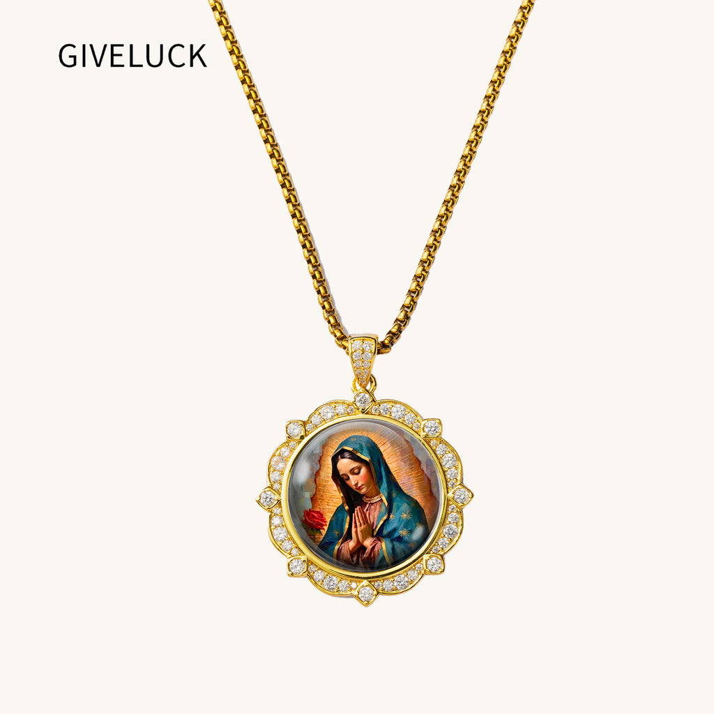 GIVELUCK 18K Gold Plated Our Lady of Guadalupe Necklace for Women, Authentic Vitreous Enamel Virgin Mary Pendant, Catholic Protection Jewelry Gift