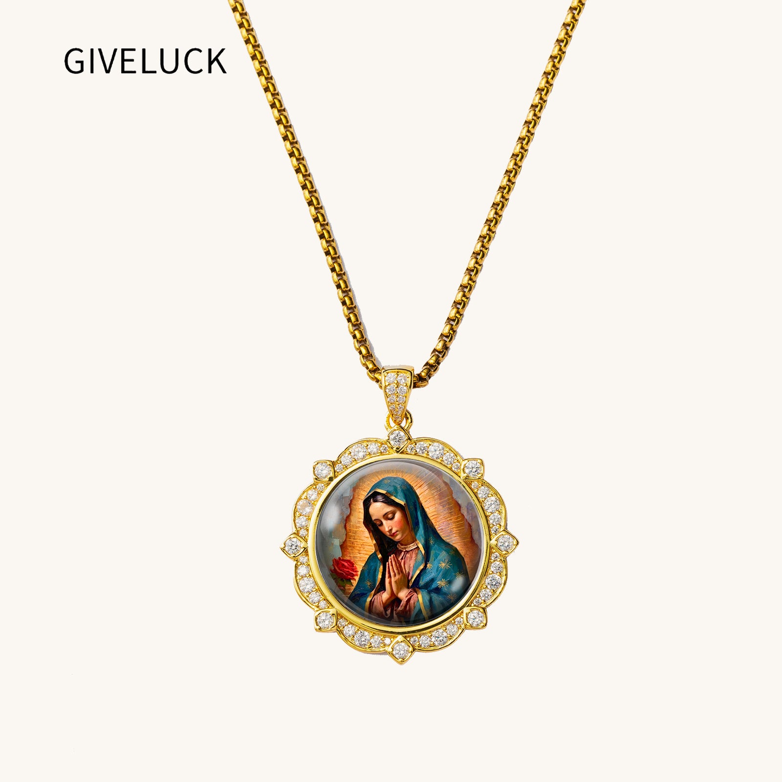 GIVELUCK 18K Gold Plated Our Lady of Guadalupe Necklace for Women, Authentic Vitreous Enamel Virgin Mary Pendant, Catholic Protection Jewelry Gift
