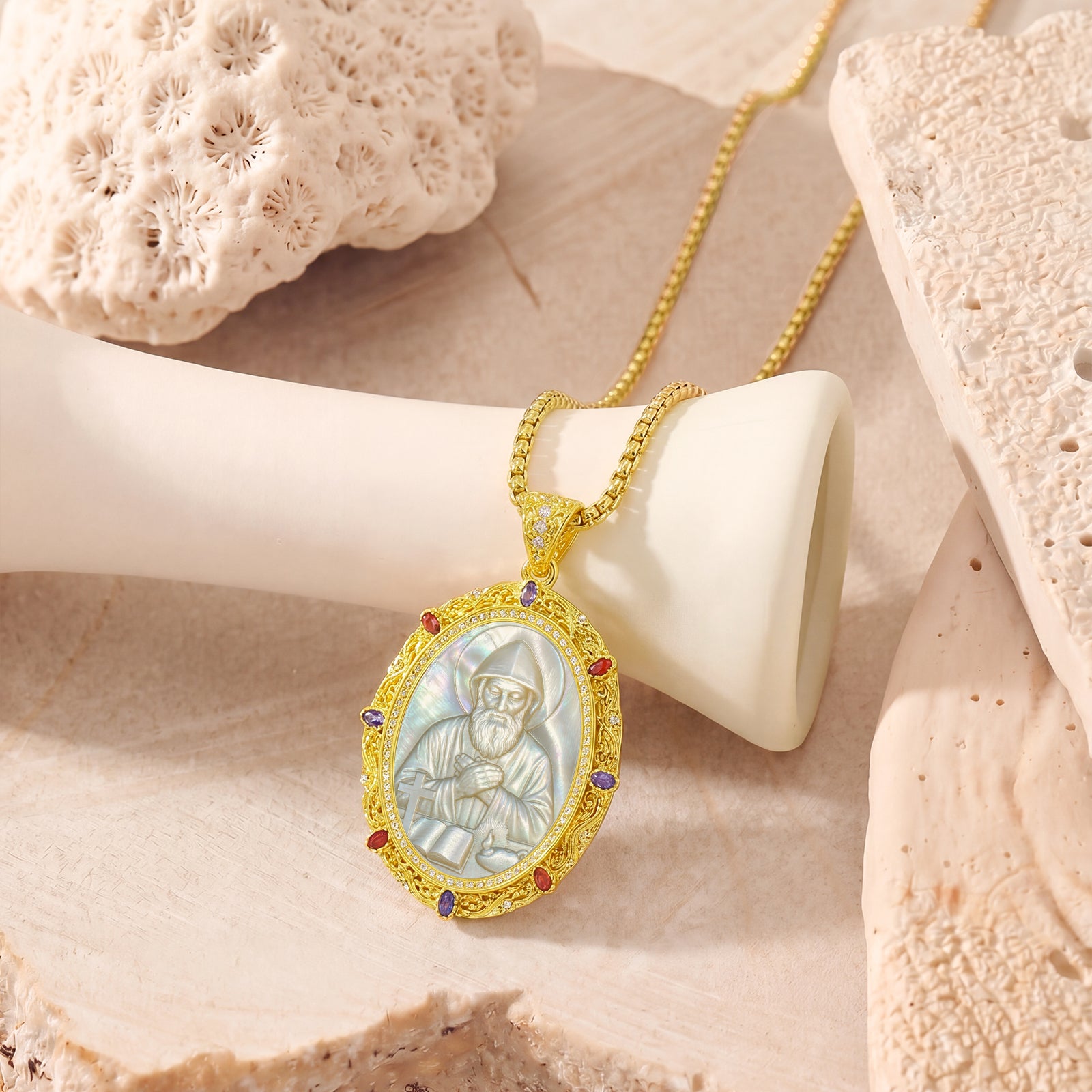 St. Charbel Mother of Pearl Cameo Pendant Necklace, 18K Gold Plated Zircon Religious Jewelry