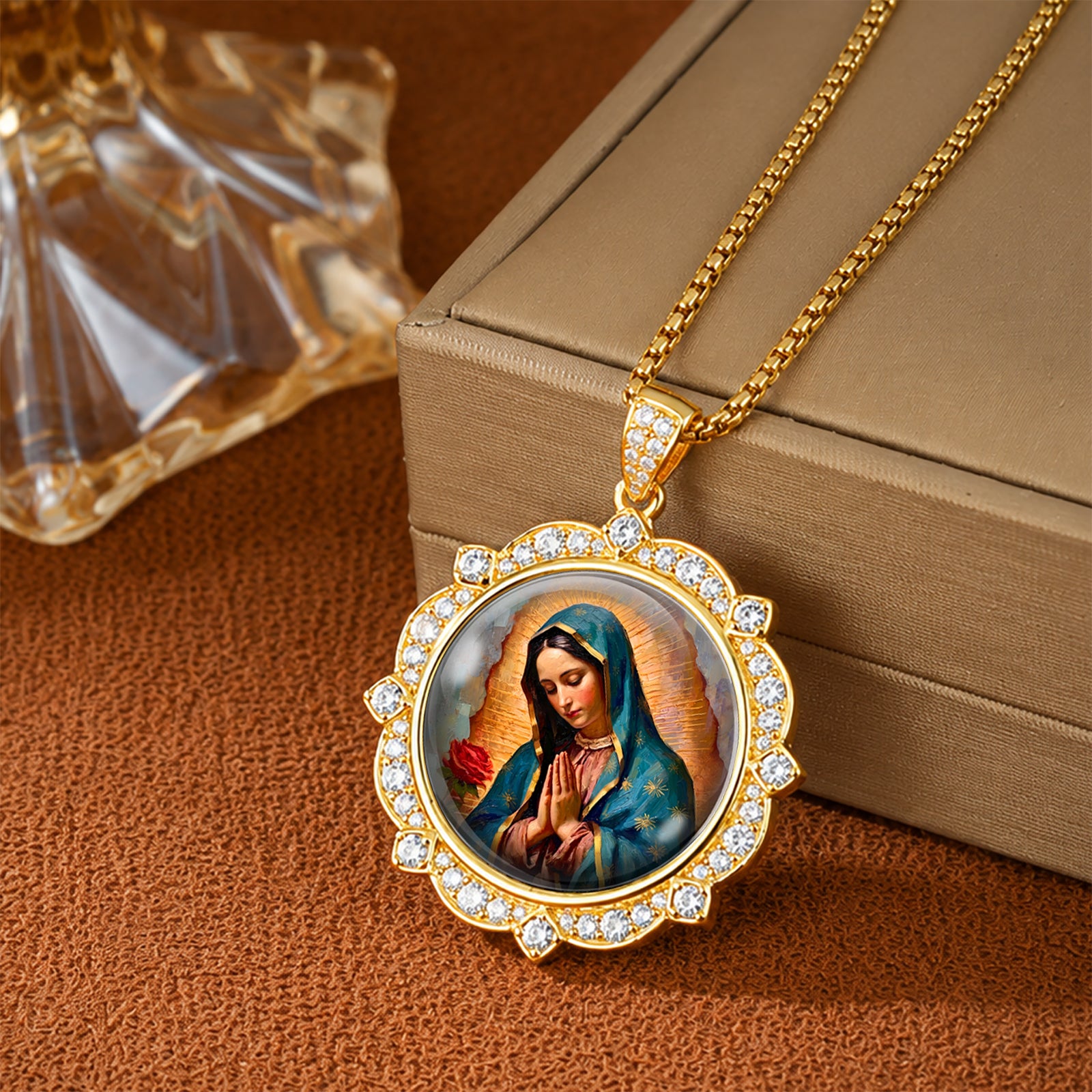 GIVELUCK 18K Gold Plated Our Lady of Guadalupe Necklace for Women, Authentic Vitreous Enamel Virgin Mary Pendant, Catholic Protection Jewelry Gift
