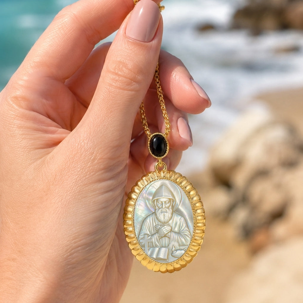 St. Charbel Mother of Pearl Cameo Pendant Necklace, 18K Gold Plated Zircon Religious Jewelry