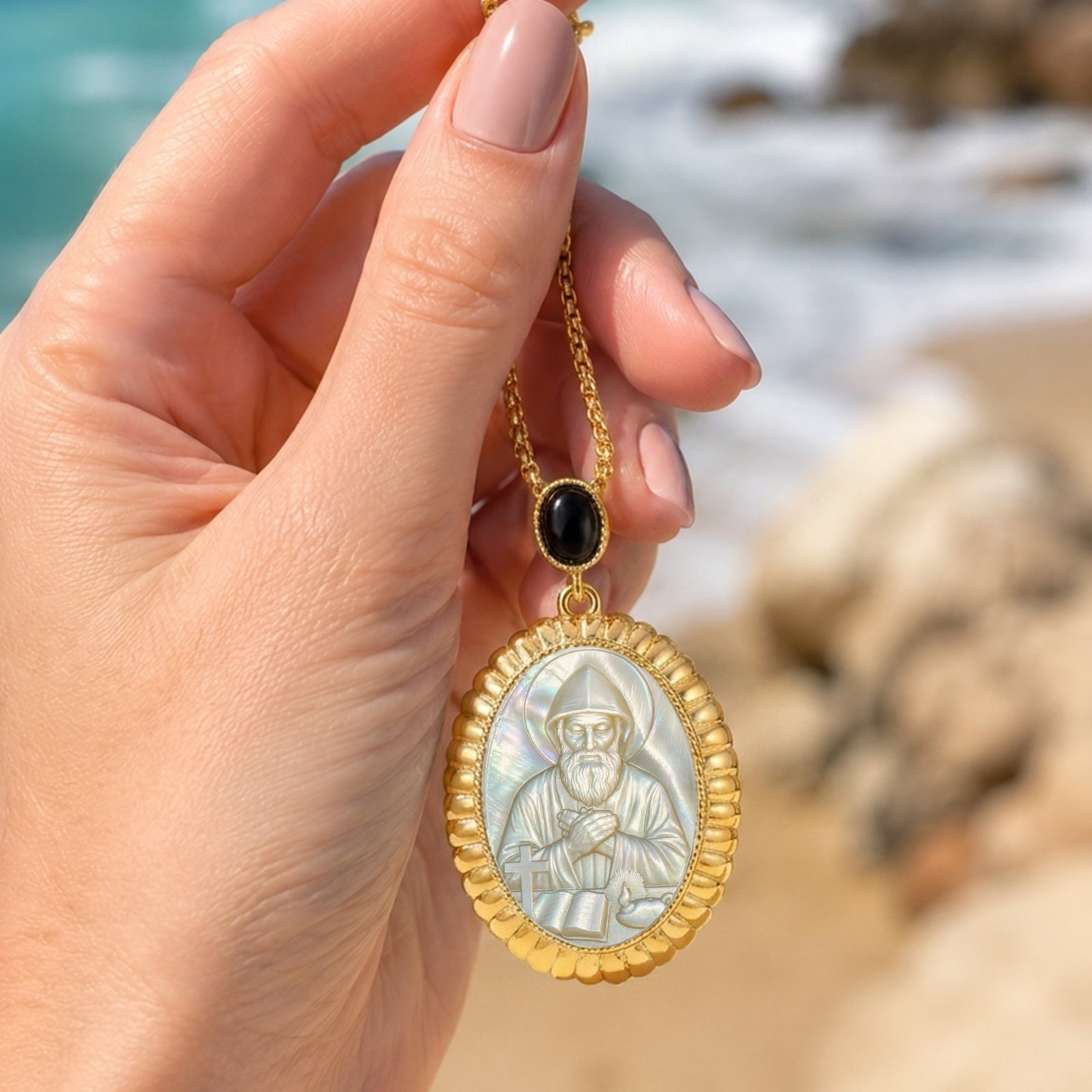 St. Charbel Mother of Pearl Cameo Pendant Necklace, 18K Gold Plated Zircon Religious Jewelry