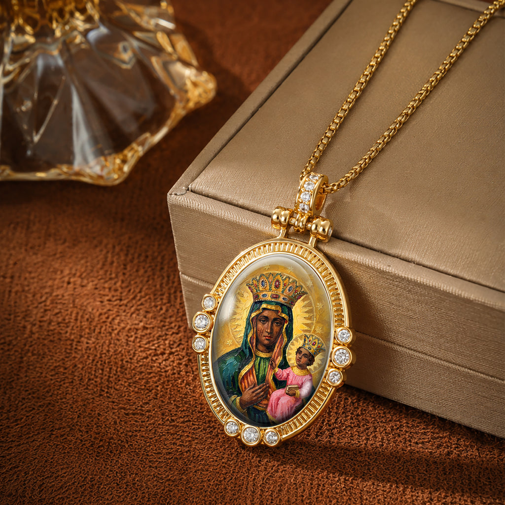 Black Madonna Enamel Pendant Necklace, 18K Gold Plated Virgin Mary Religious Jewelry