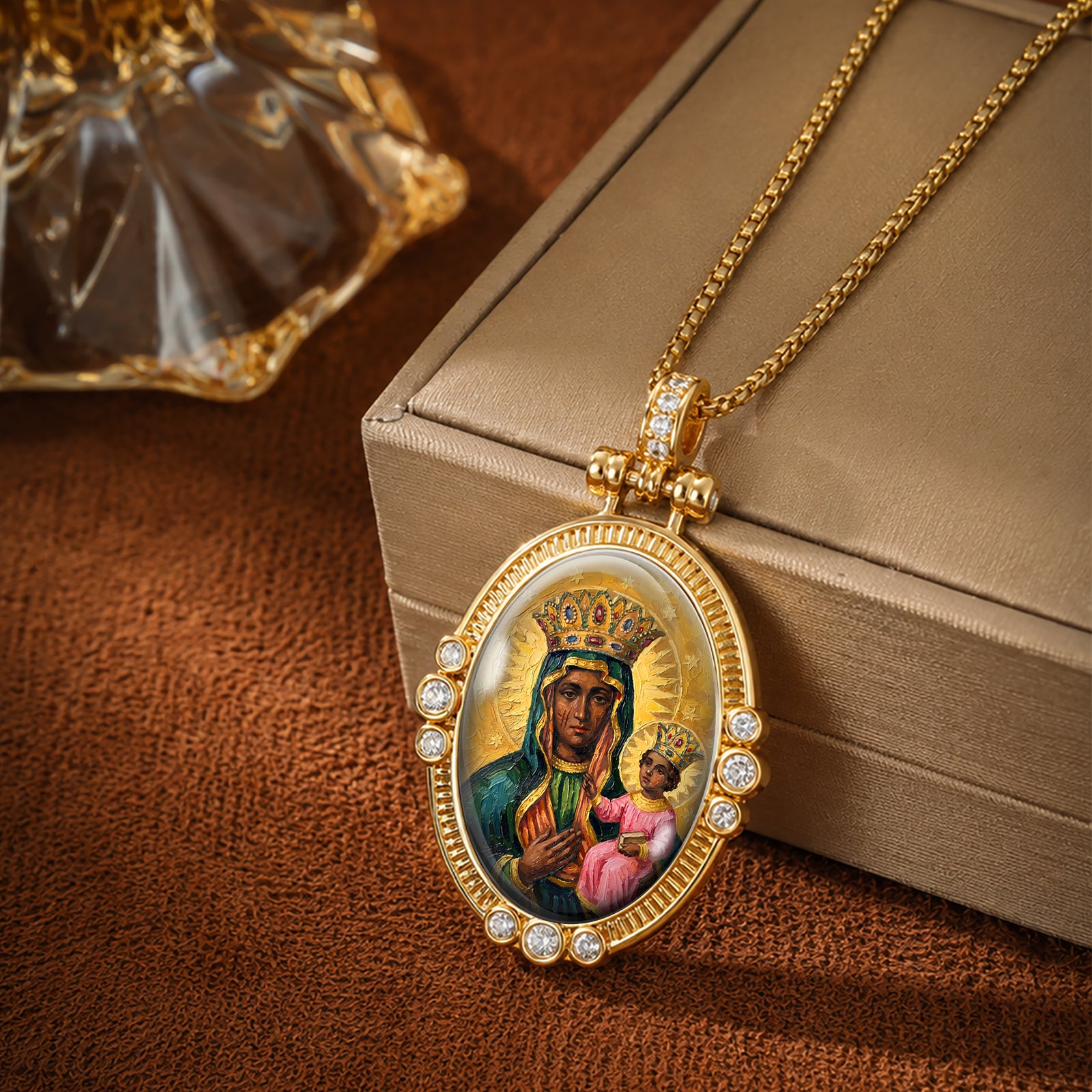 Black Madonna Enamel Pendant Necklace, 18K Gold Plated Virgin Mary Religious Jewelry
