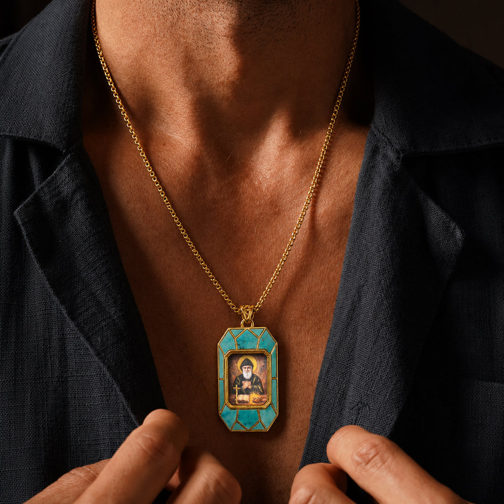 Saint Charbel Necklace, Hand-Painted Icon Pendant, 18K Gold Plated, Turquoise or Mother of Pearl
