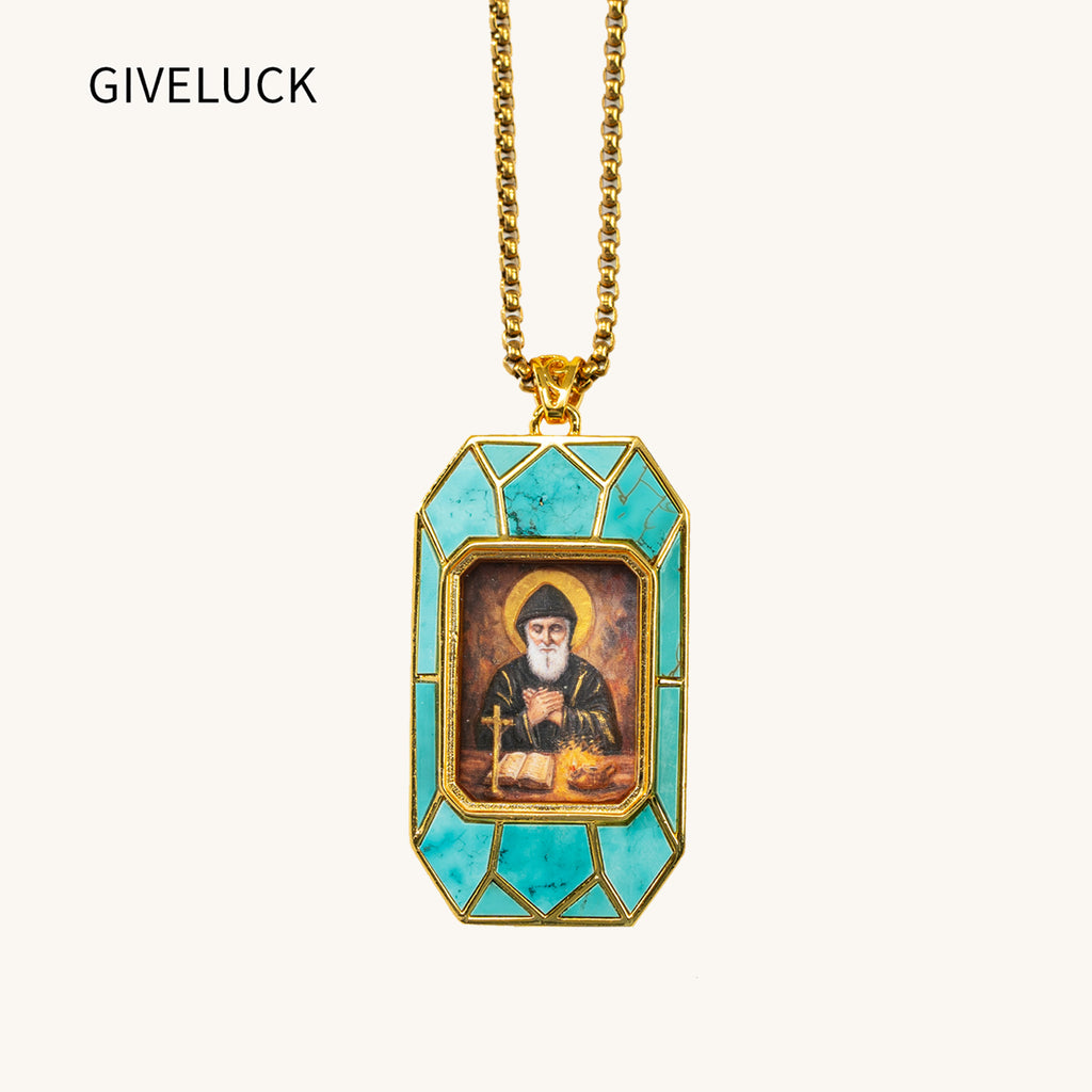Saint Charbel Necklace, Hand-Painted Icon Pendant, 18K Gold Plated, Turquoise or Mother of Pearl