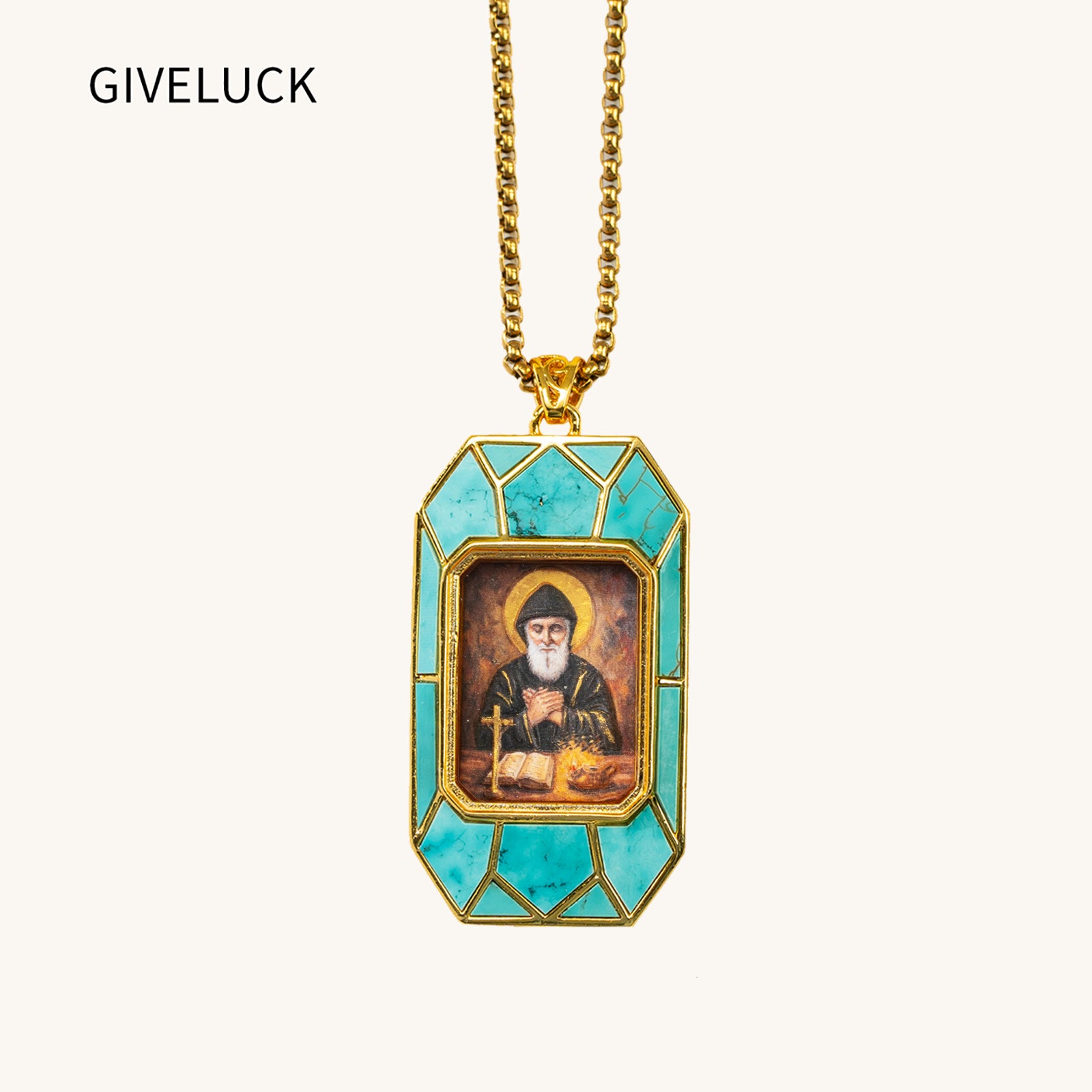 Saint Charbel Necklace, Hand-Painted Icon Pendant, 18K Gold Plated, Turquoise or Mother of Pearl