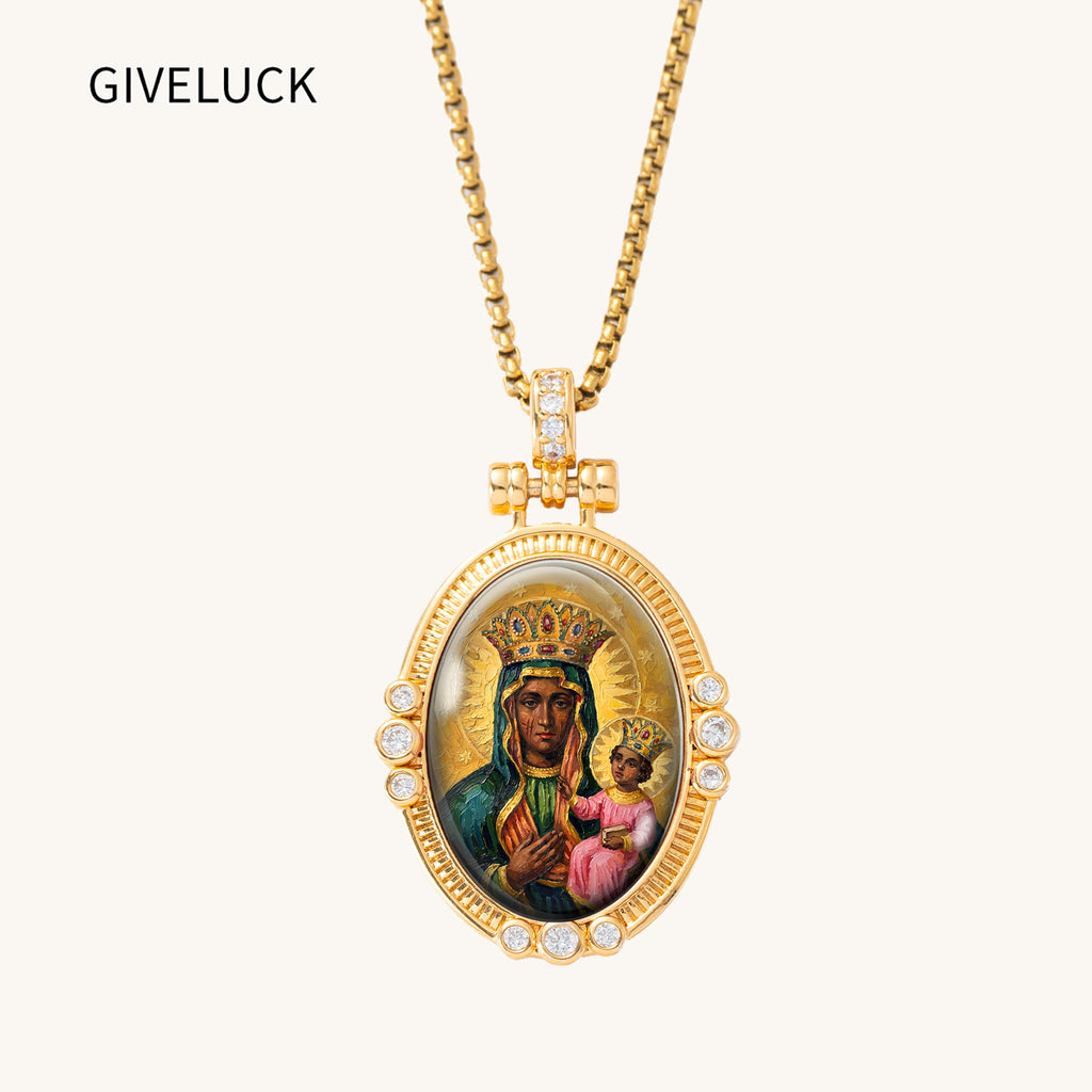 Black Madonna Enamel Pendant Necklace, 18K Gold Plated Virgin Mary Religious Jewelry