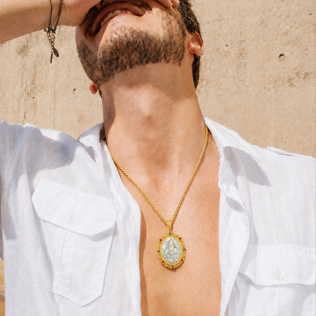 St. Charbel Mother of Pearl Cameo Pendant Necklace, 18K Gold Plated Zircon Religious Jewelry