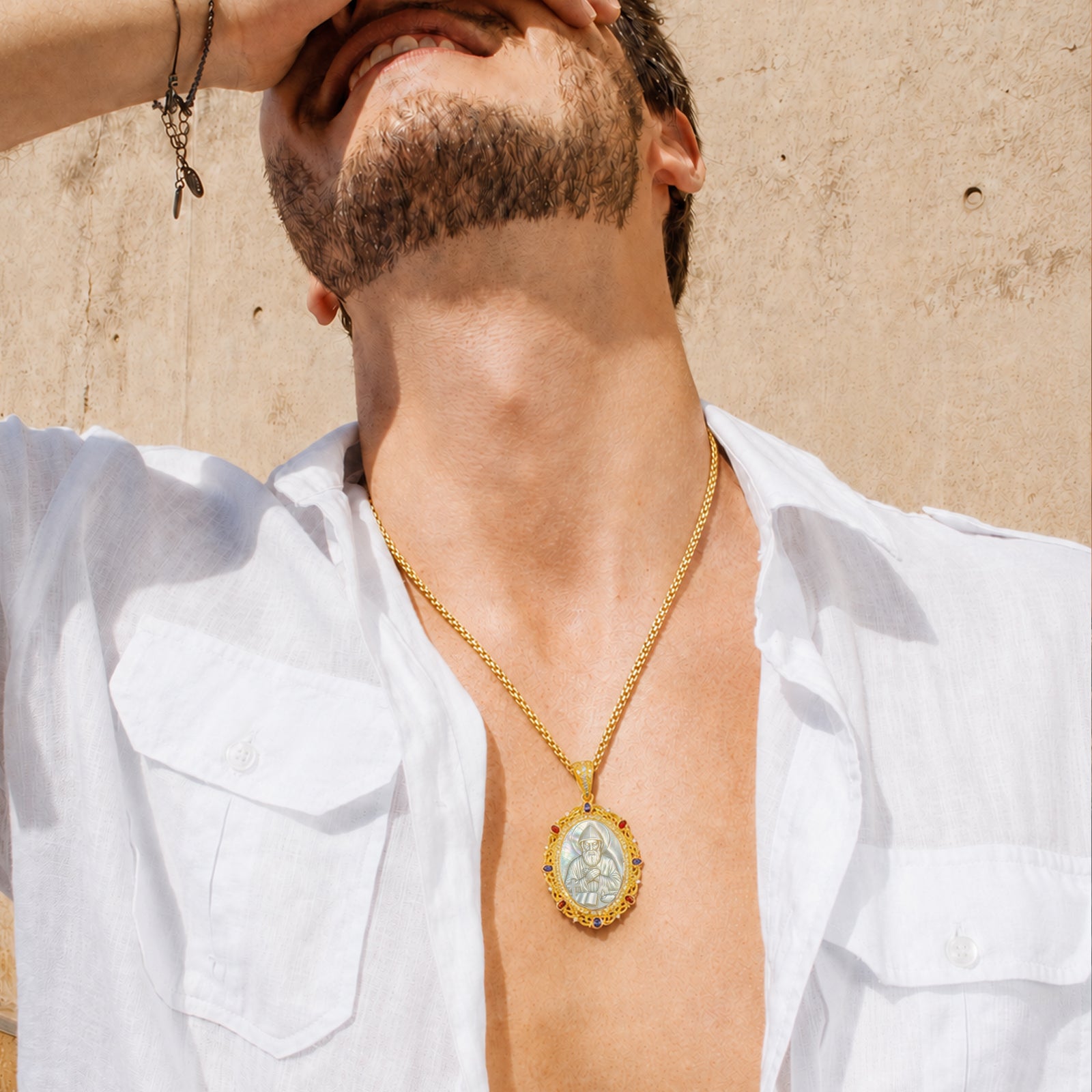 St. Charbel Mother of Pearl Cameo Pendant Necklace, 18K Gold Plated Zircon Religious Jewelry