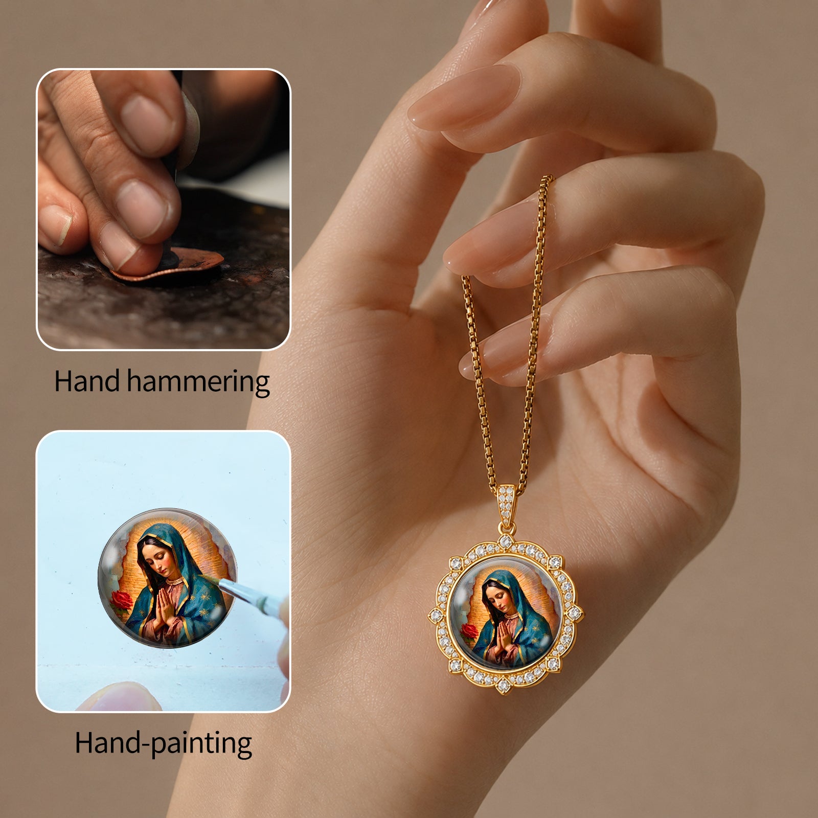 GIVELUCK 18K Gold Plated Our Lady of Guadalupe Necklace for Women, Authentic Vitreous Enamel Virgin Mary Pendant, Catholic Protection Jewelry Gift