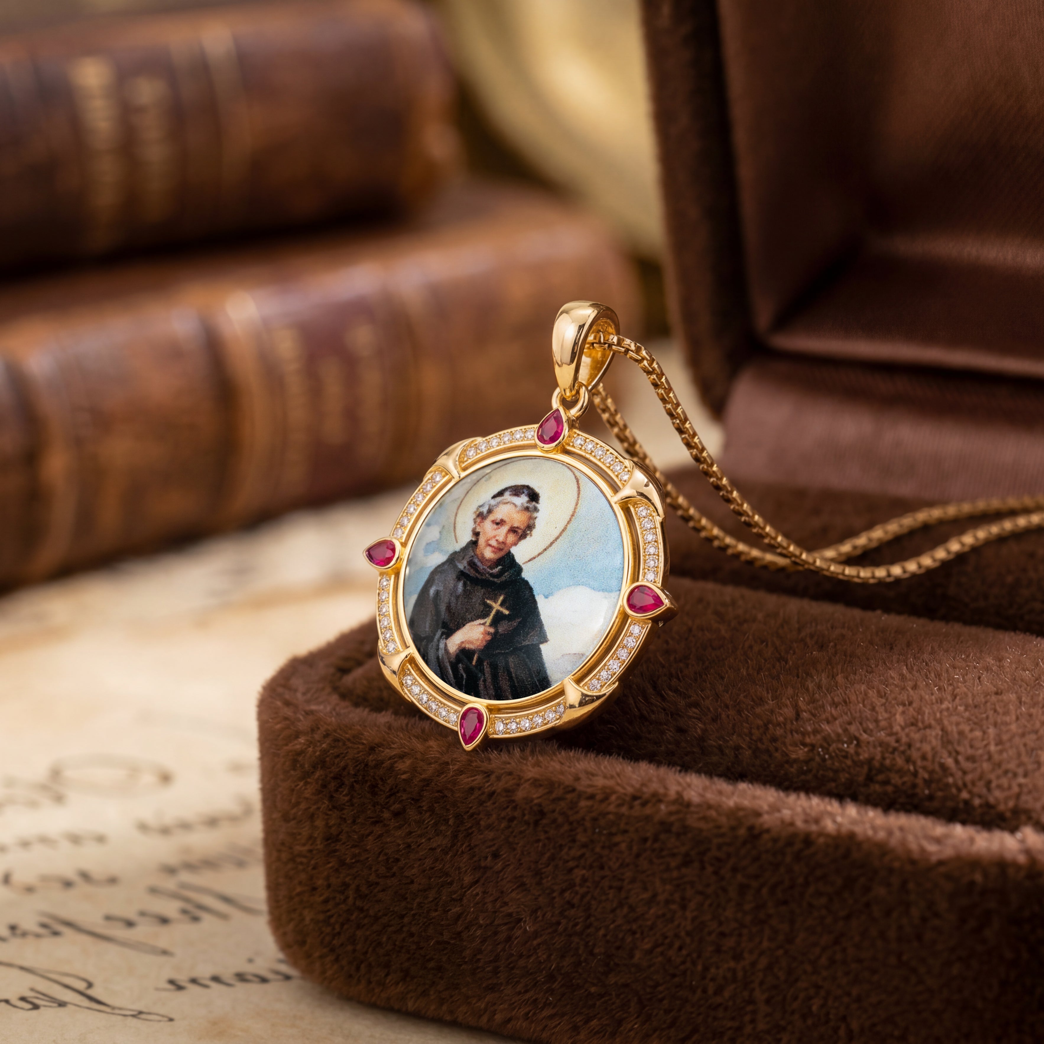 GIVELUCK 18k Plated Gold Enamel Pendant Ruby Protection Necklace Saint Peregrine Necklace for Men and Women
