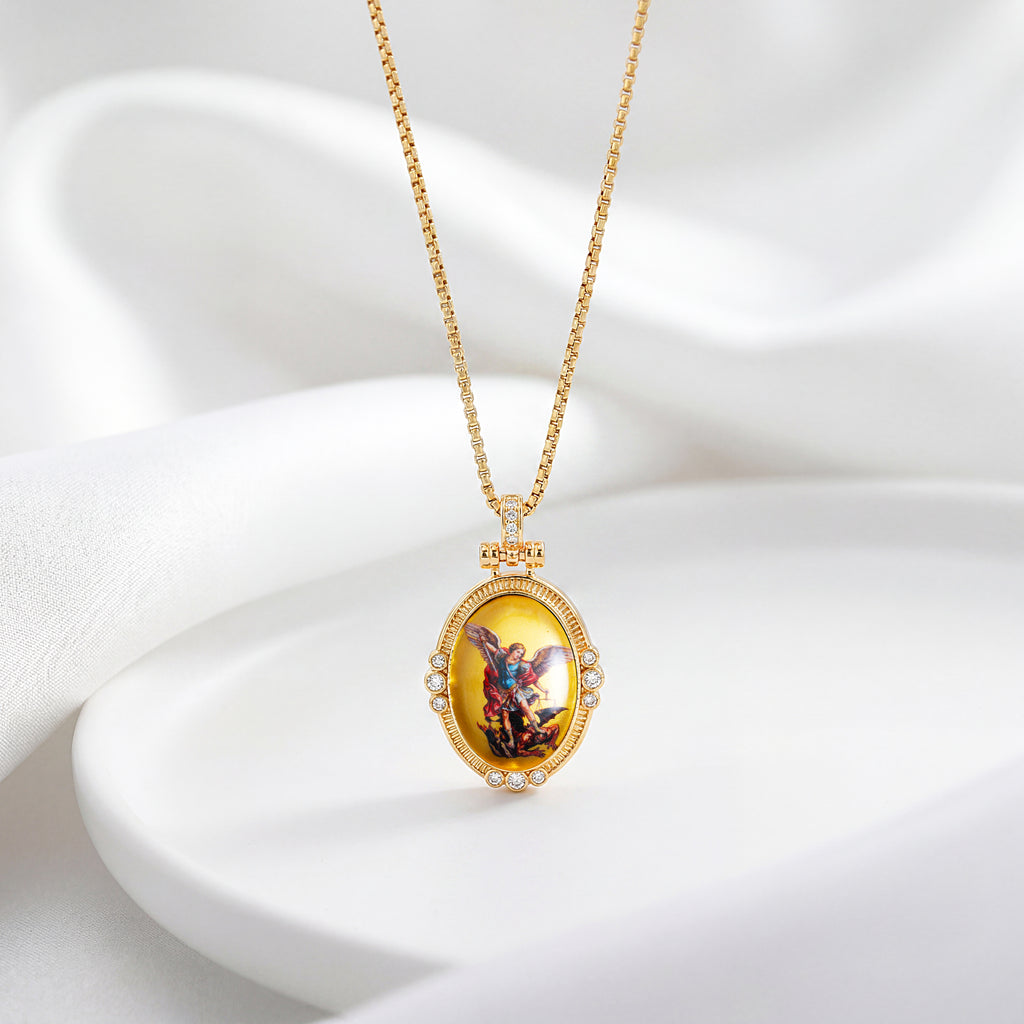 GIVELUCK 18k Plated Gold Pendant Necklace Enamel Eternal Halo St. Archangel Michael Protection Necklace for Women and Men