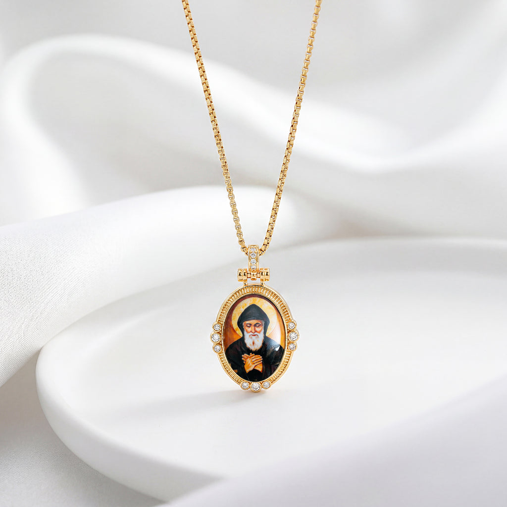 GIVELUCK 18k Plated Gold Pendant Necklace Enamel Eternal Halo St. Charbel Protection Necklace for Women and Men