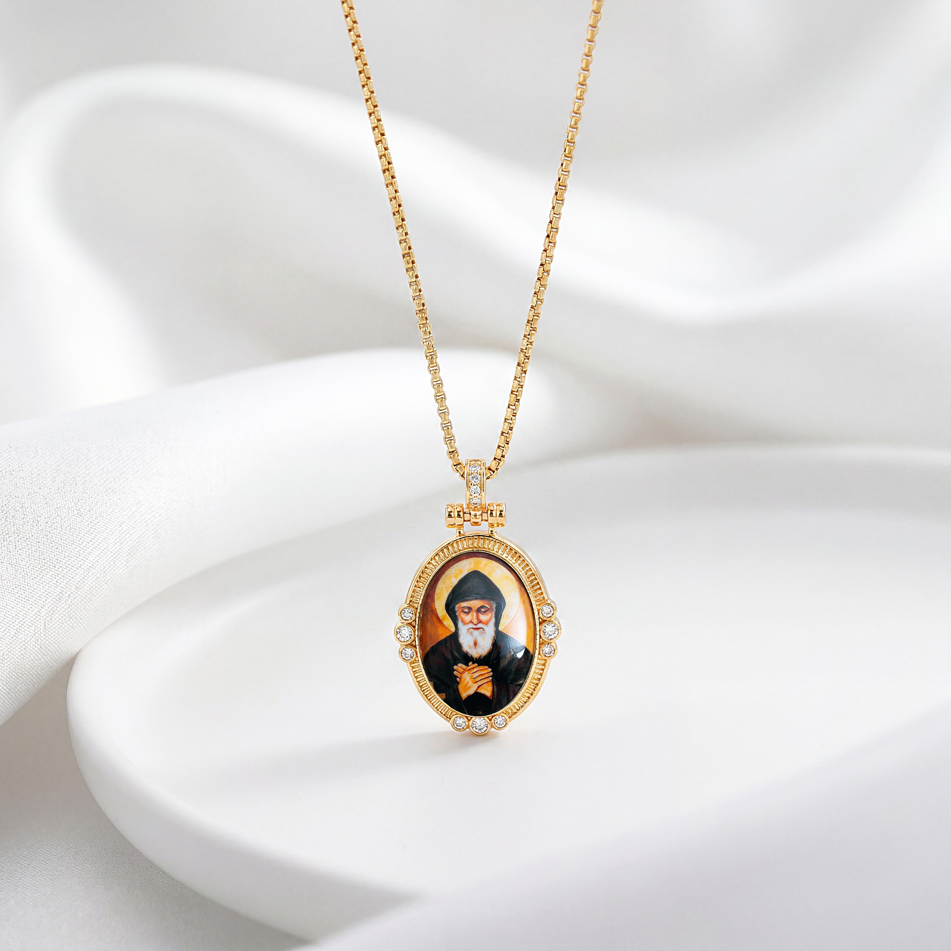 GIVELUCK 18k Plated Gold Pendant Necklace Enamel Eternal Halo St. Charbel Protection Necklace for Women and Men