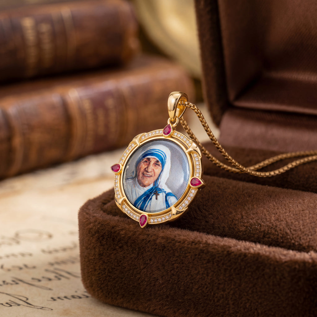 GIVELUCK 18k Plated Gold Enamel Pendant Ruby St.Teresa of Calcutta Protection Necklace for Men and Women